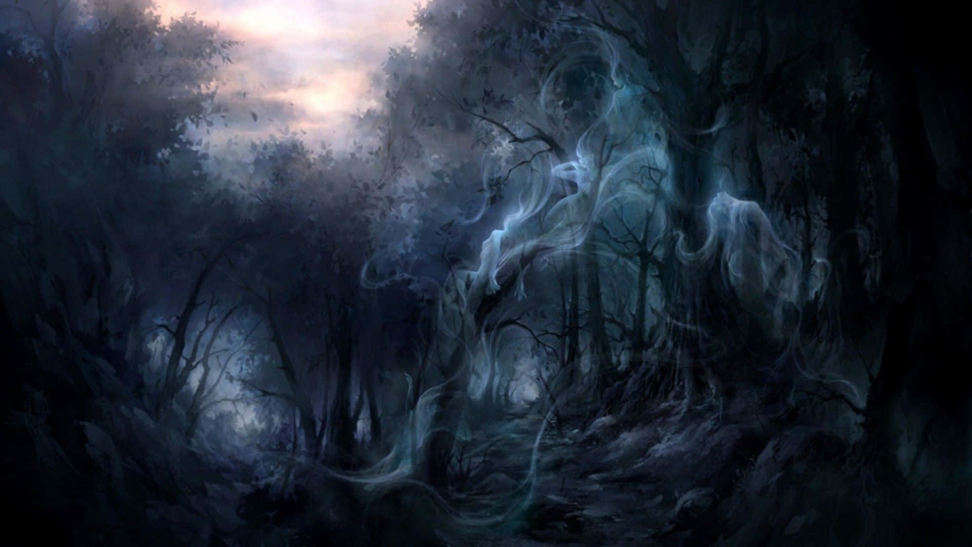 Anime Forest, misty blue spirits, dark twisted forest, Full HD Desktop Wallpaper
