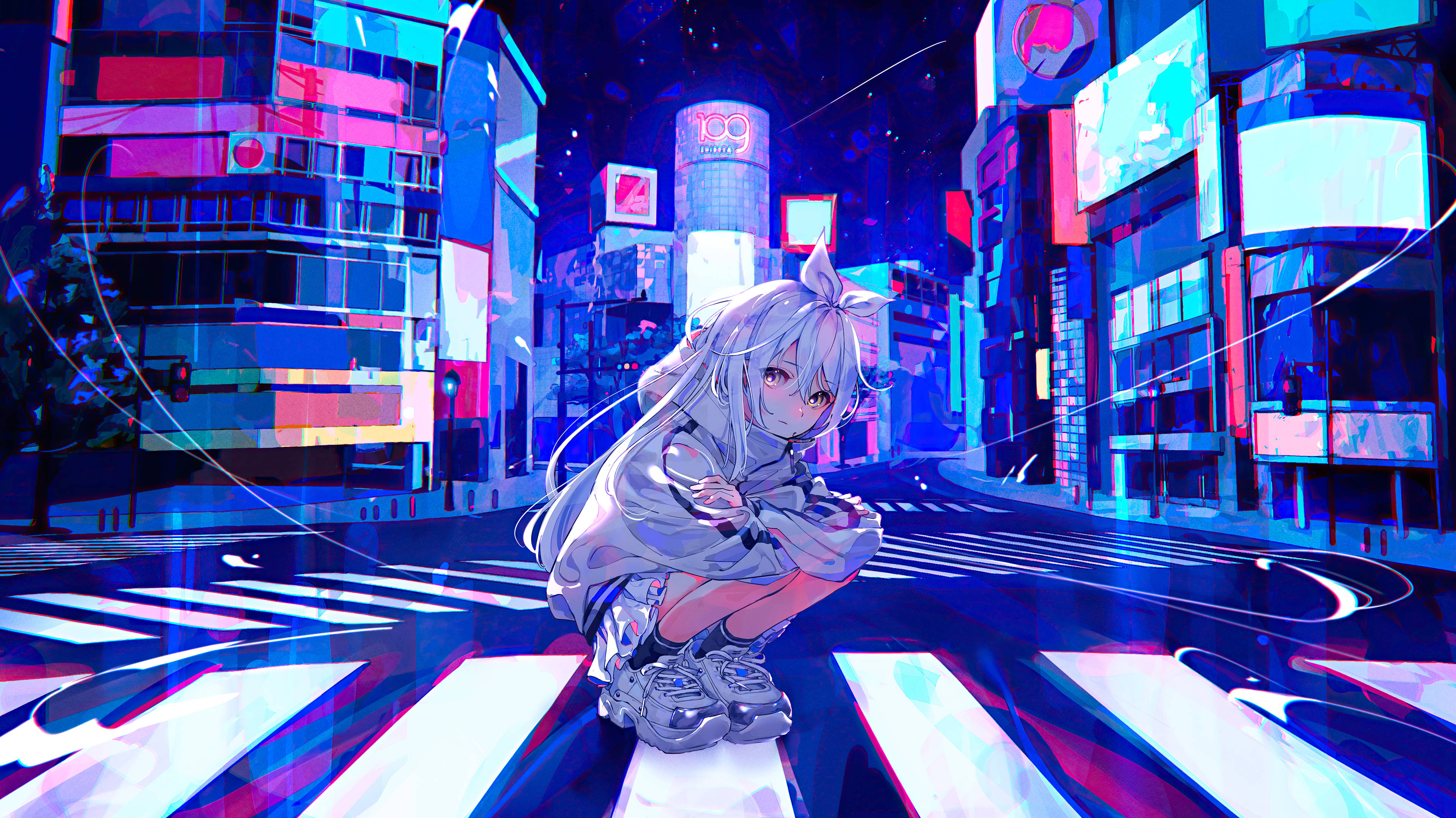 silver-haired anime girl, glowing neon crosswalk, starry cyberpunk cityscape, 4K Desktop Wallpaper