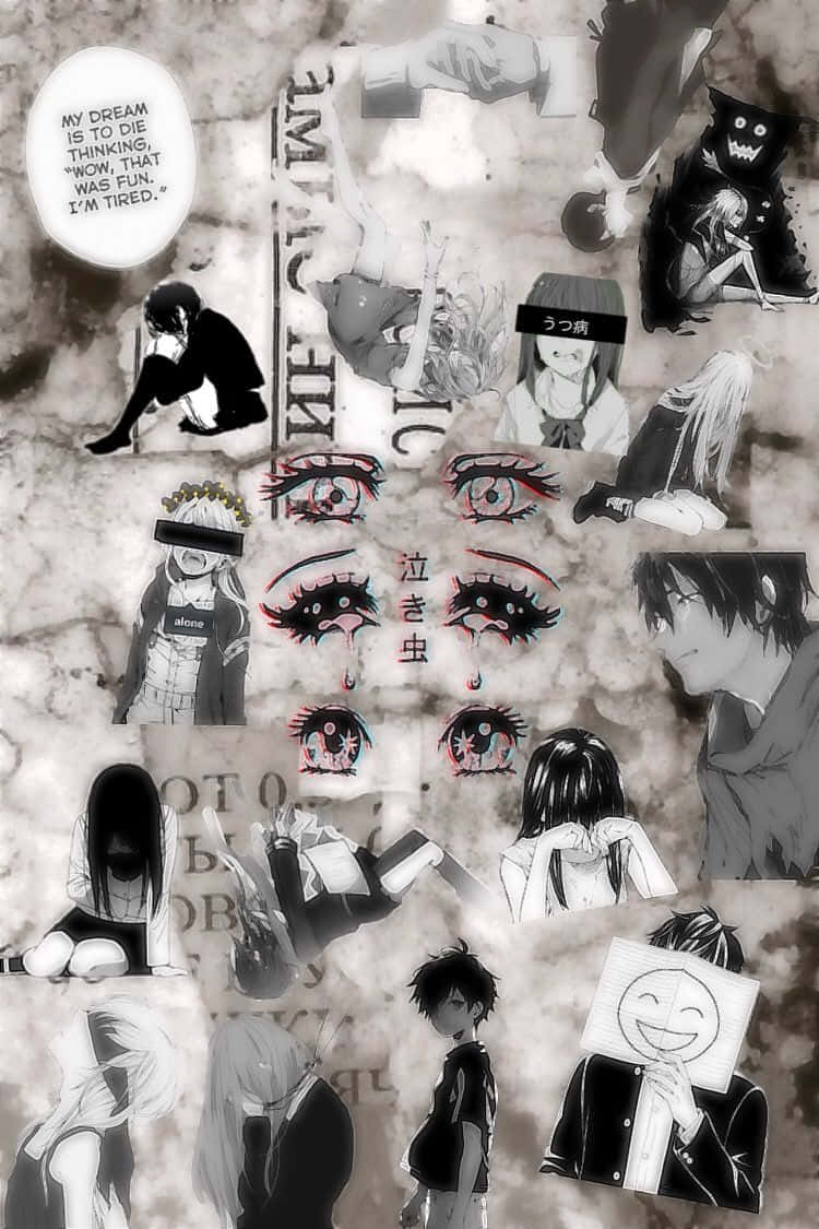 anime collage aesthetic, textured gray background, Japanese text, SD Phone Wallpaper