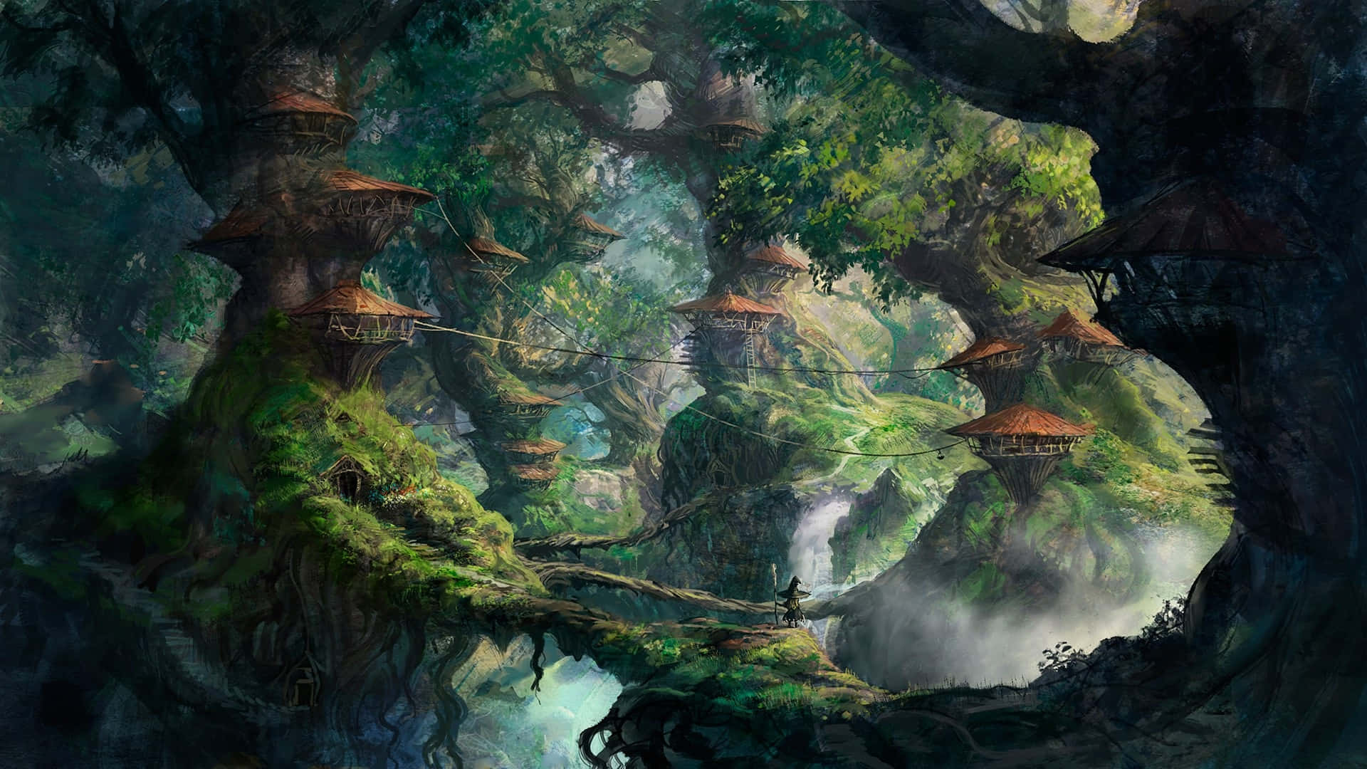 mystical forest sanctuary, mossy tree root bridge, colossal ancient trees, Full HD Desktop Wallpaper