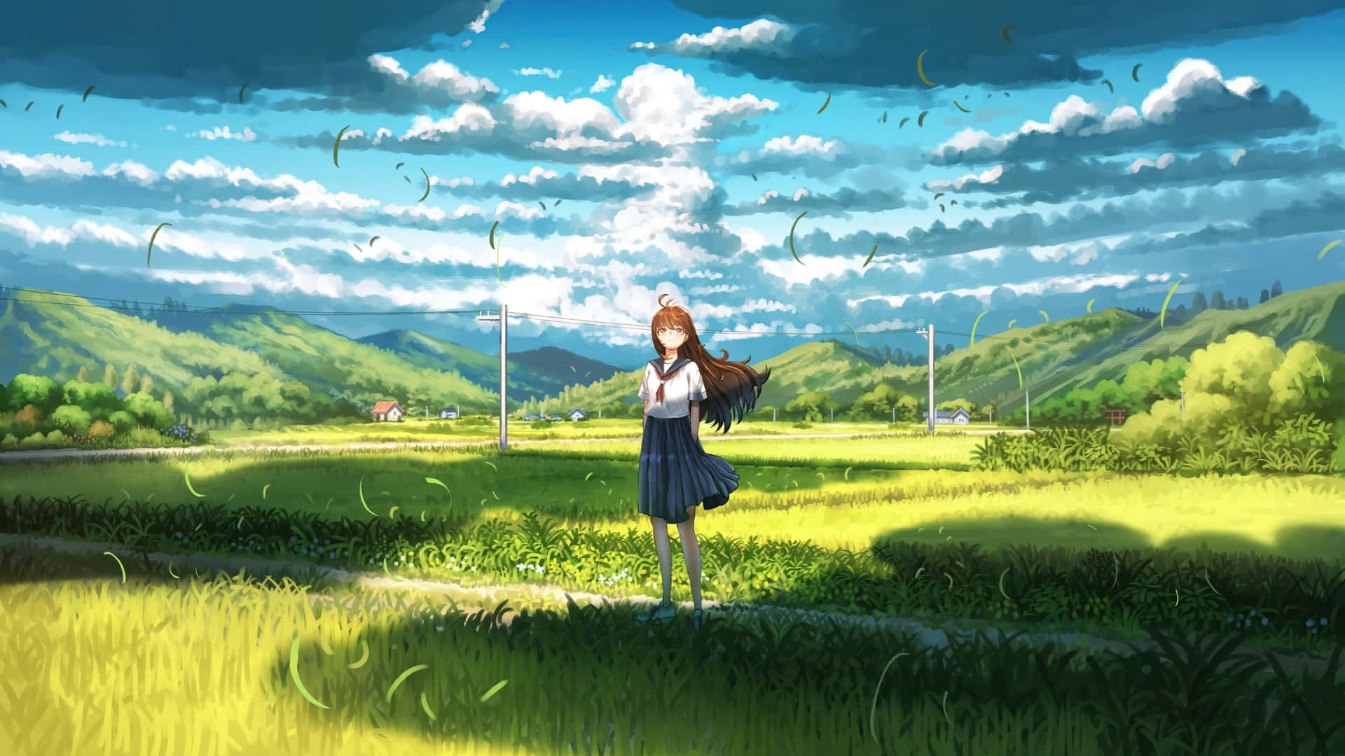 anime girl, school uniform, lush green fields, Full HD Desktop Wallpaper