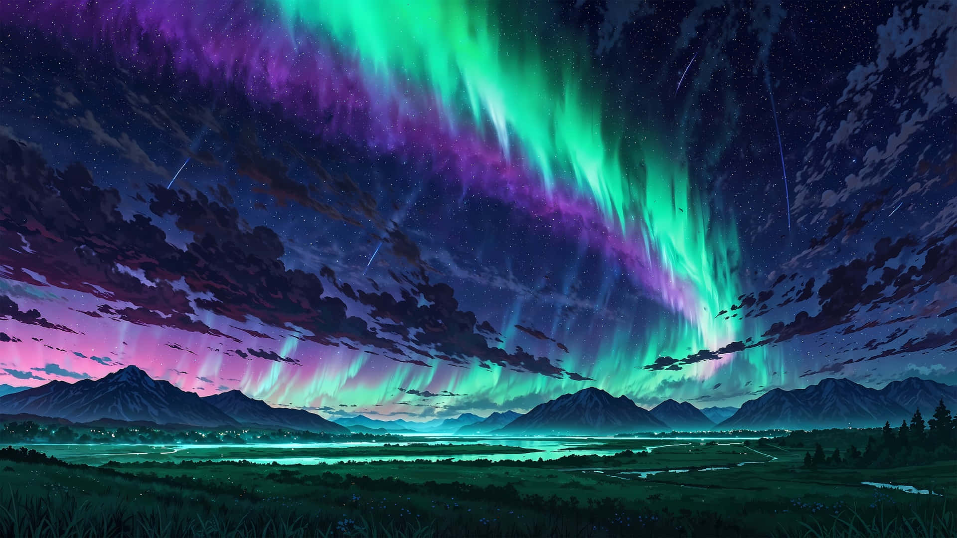 aurora borealis, mountains, starry night sky, Full HD Desktop Wallpaper