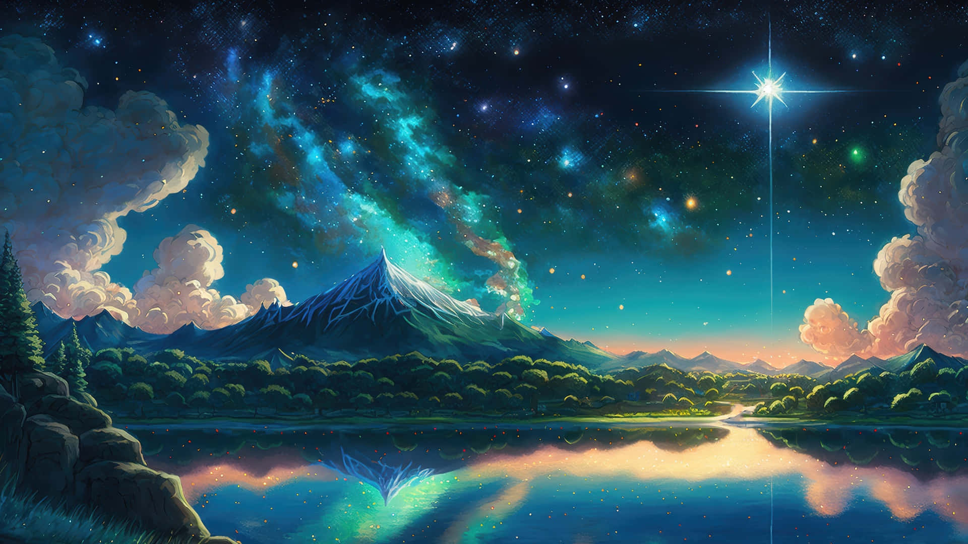 Anime Starry Night Landscape, mountain peak, tranquil lake, Full HD Desktop Wallpaper