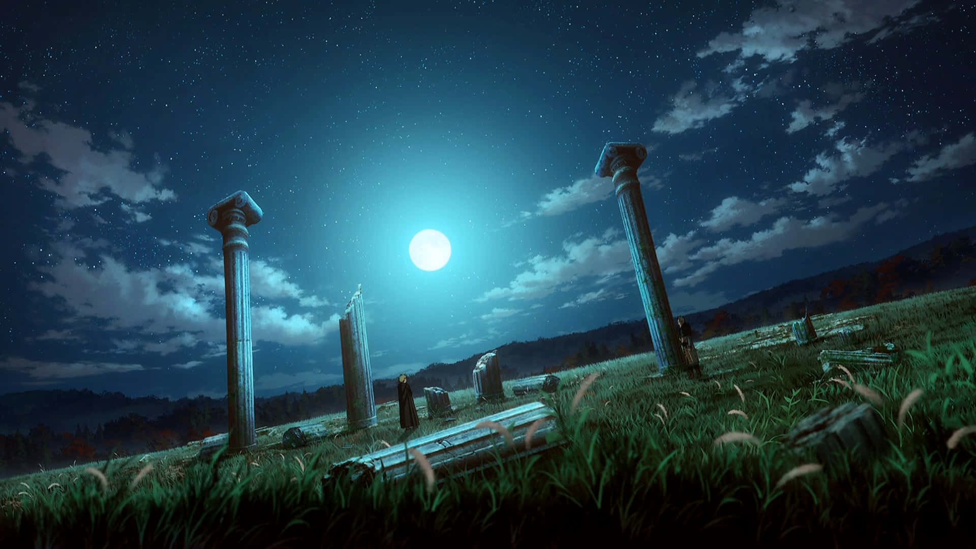 moonlit ruins, stone columns, grassy field, Full HD Desktop Wallpaper