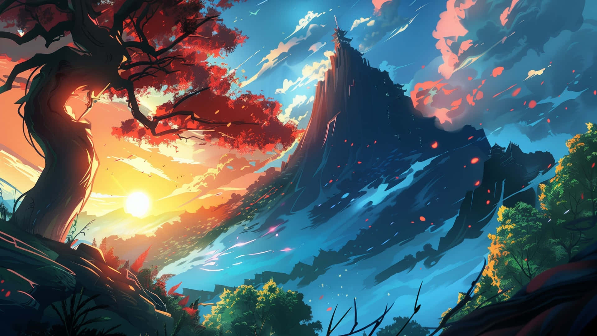 anime mountain sunset, vibrant sunset, fiery red maple leaves, Full HD Desktop Wallpaper