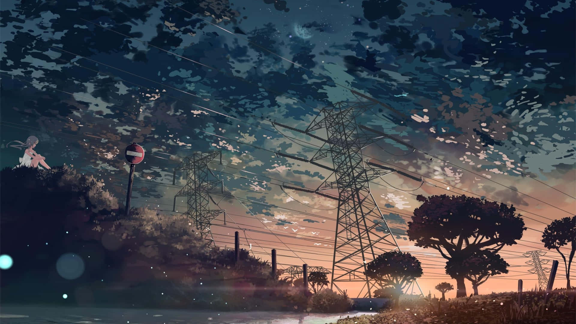 lone girl, hill at dusk, stop sign, Full HD Desktop Wallpaper