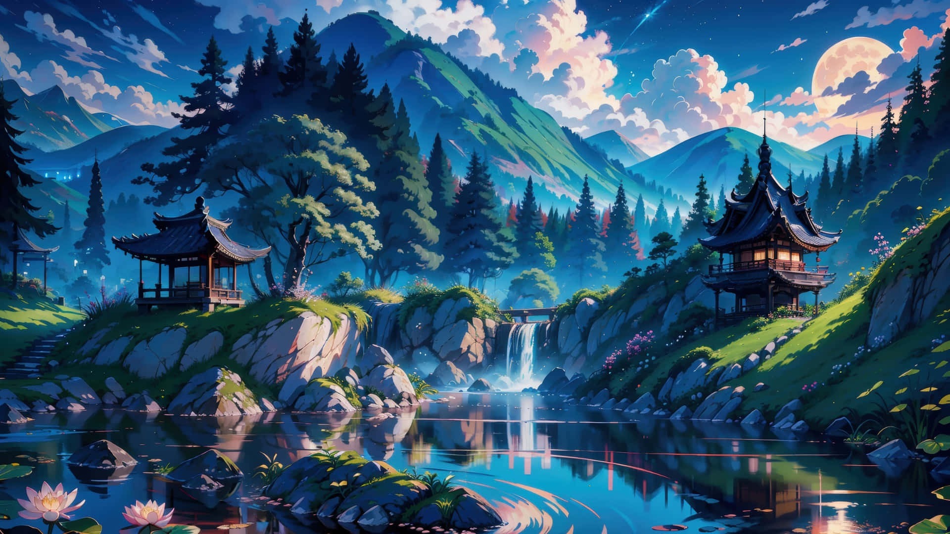 twilight, pagodas, pine forests, Full HD Desktop Wallpaper