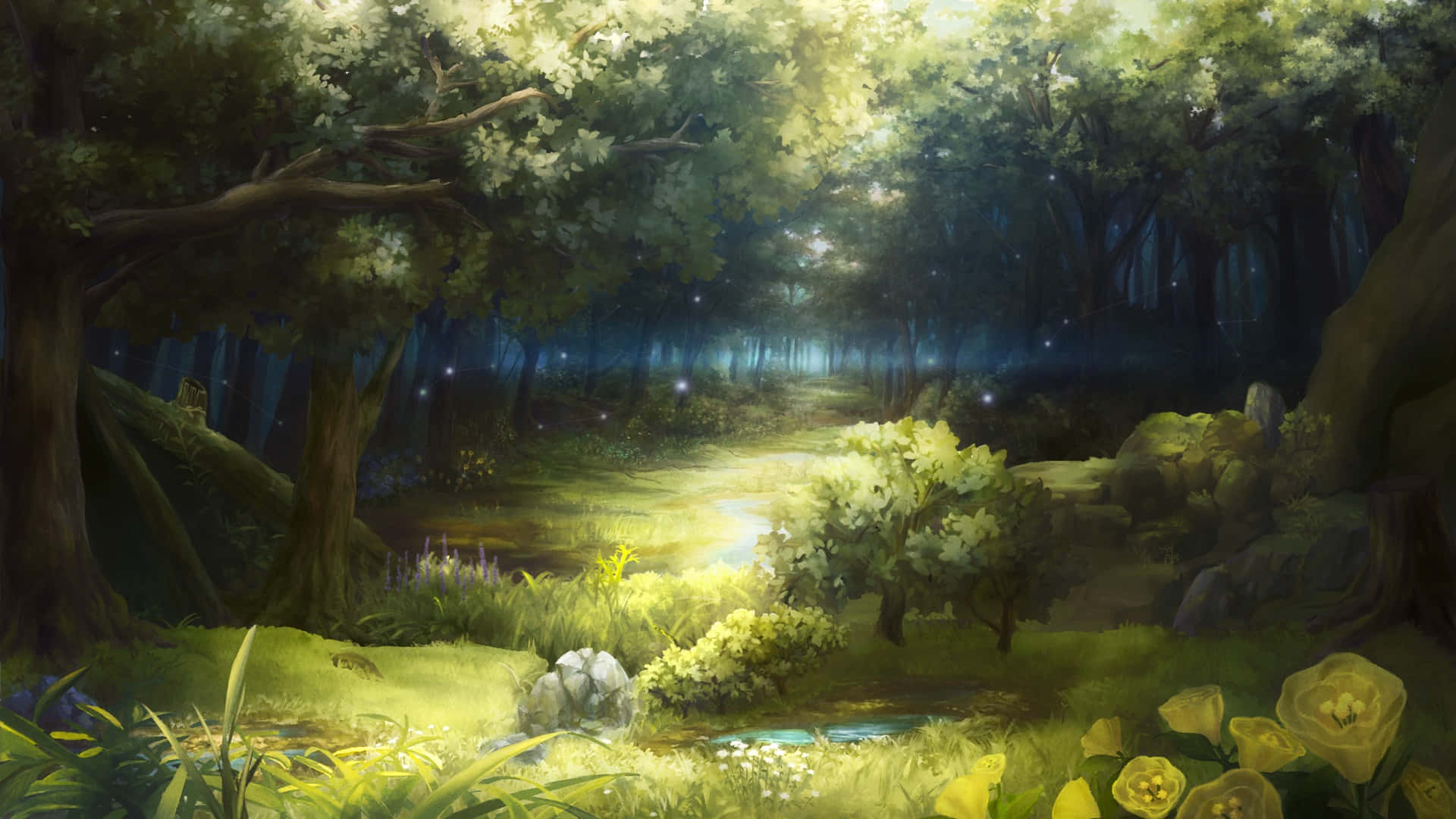 enchanted forest, sunlit forest path, lush green trees, Full HD Desktop Wallpaper