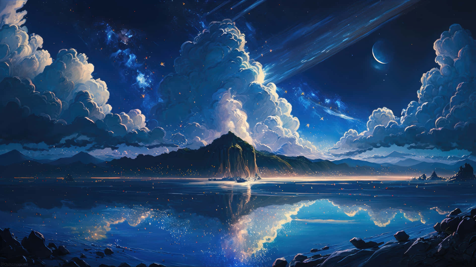 serene nighttime mountain lake, glowing mountain, calm waters, Full HD Desktop Wallpaper