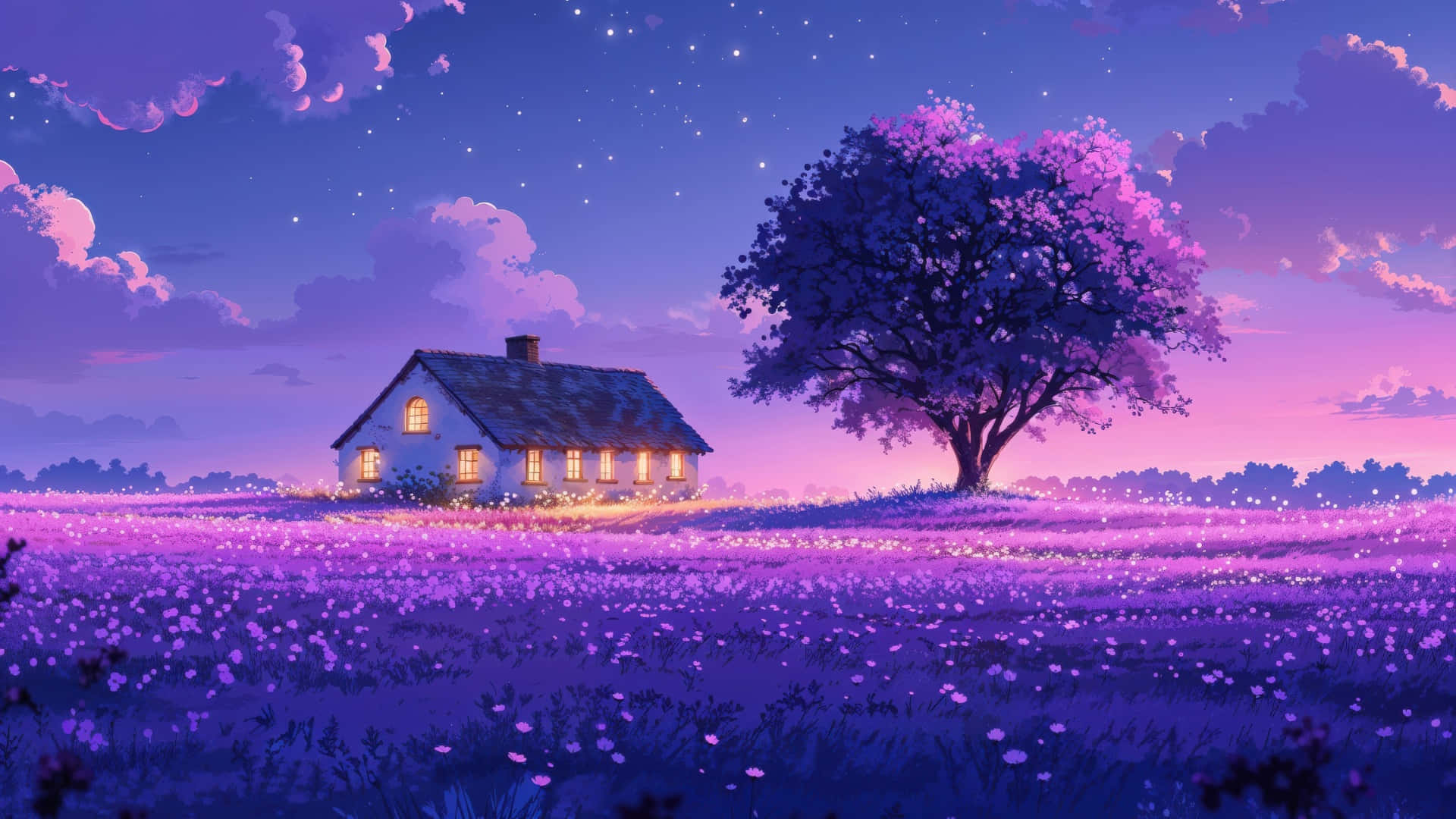 Anime Purple Sunset Landscape, purple flowers, starry twilight sky, Full HD Desktop Wallpaper