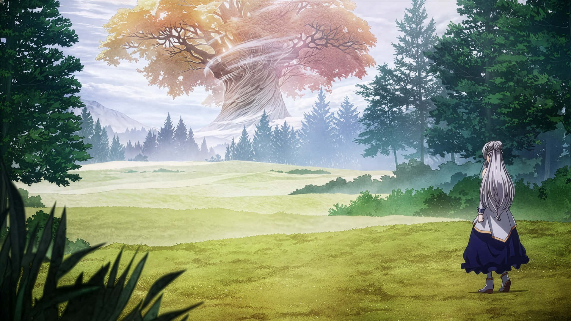anime forest spirit encounter, silver-haired anime girl, blue dress, Full HD Desktop Wallpaper