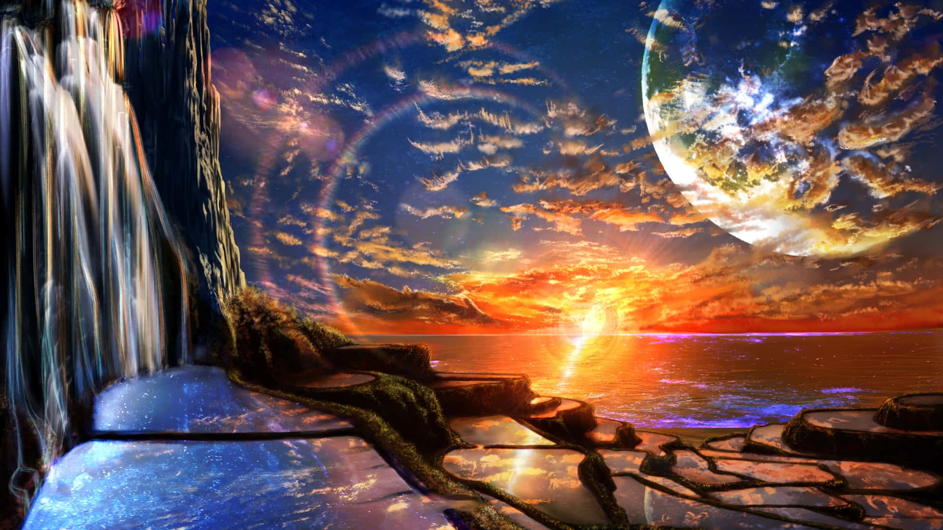 Anime Cosmic Sunset, surreal waterfall, glowing stone path, Full HD Desktop Wallpaper