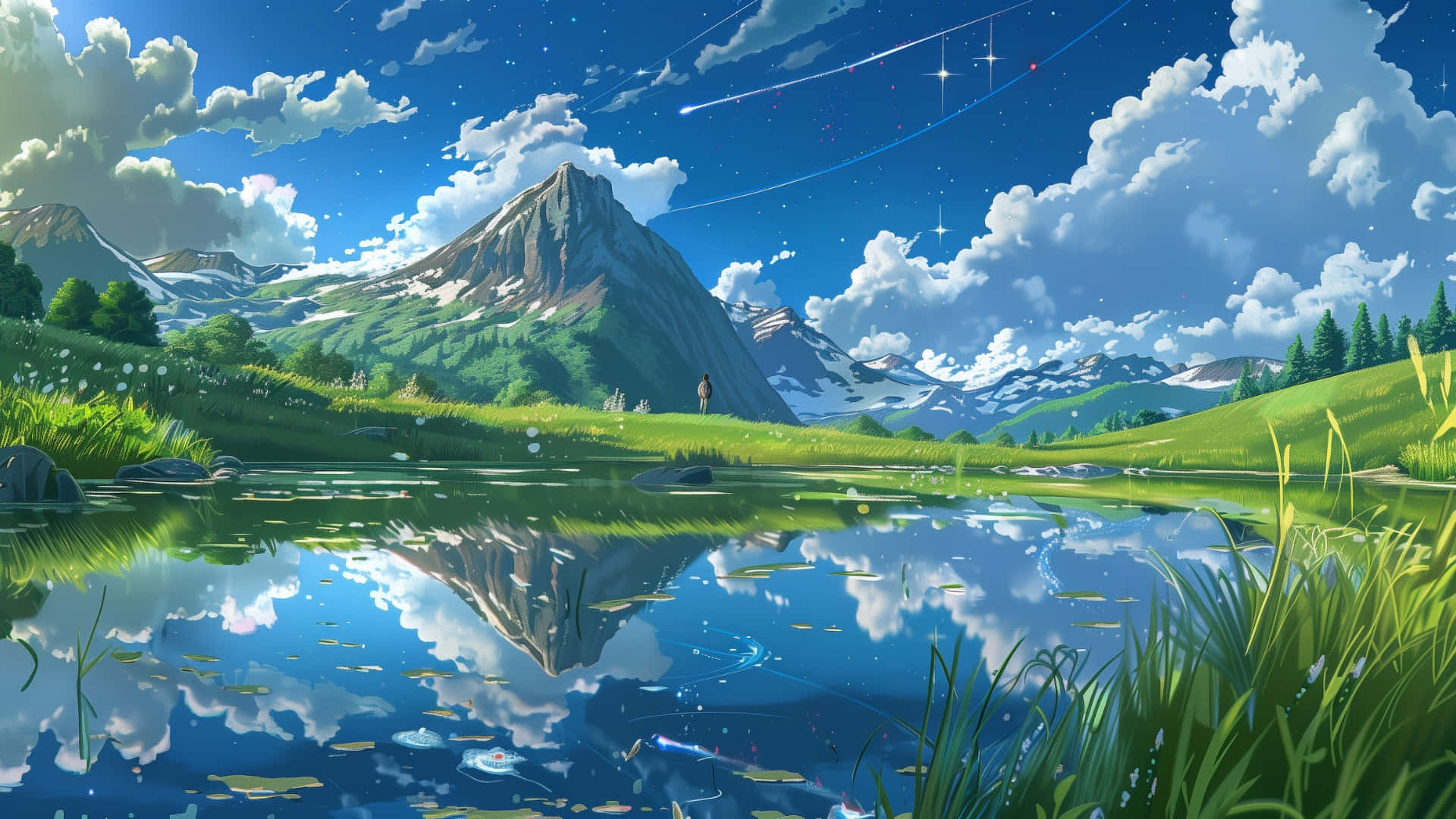 anime mountain lake reflection, snowcapped mountains, starry blue sky, Full HD Desktop Wallpaper