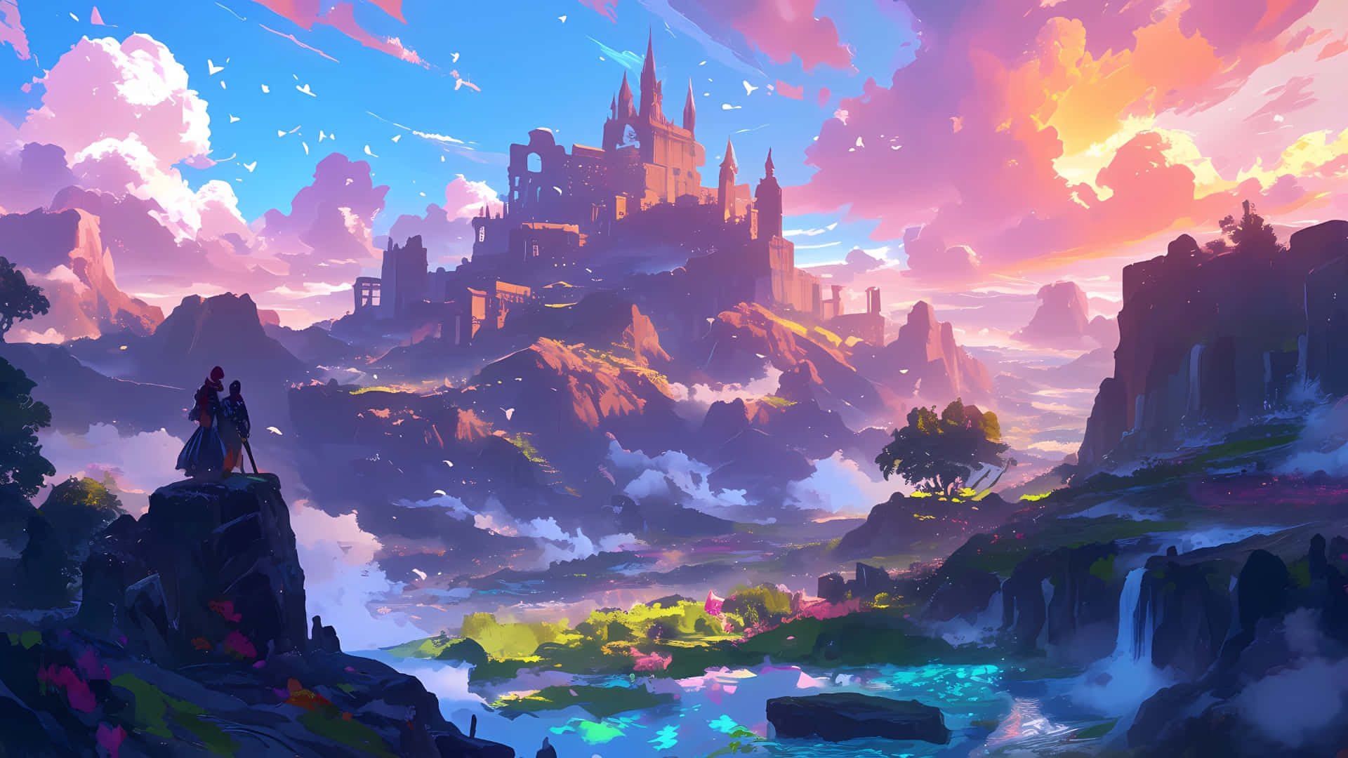 Anime Fantasy Castle Landscape, castle, cliff, Full HD Desktop Wallpaper