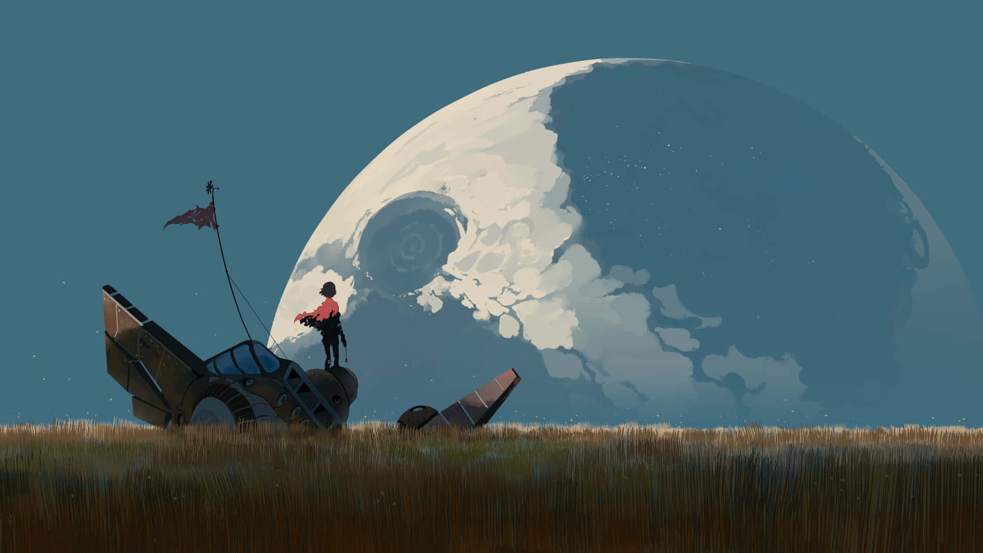 anime character, crashed spaceship, grassy field, Full HD Desktop Wallpaper