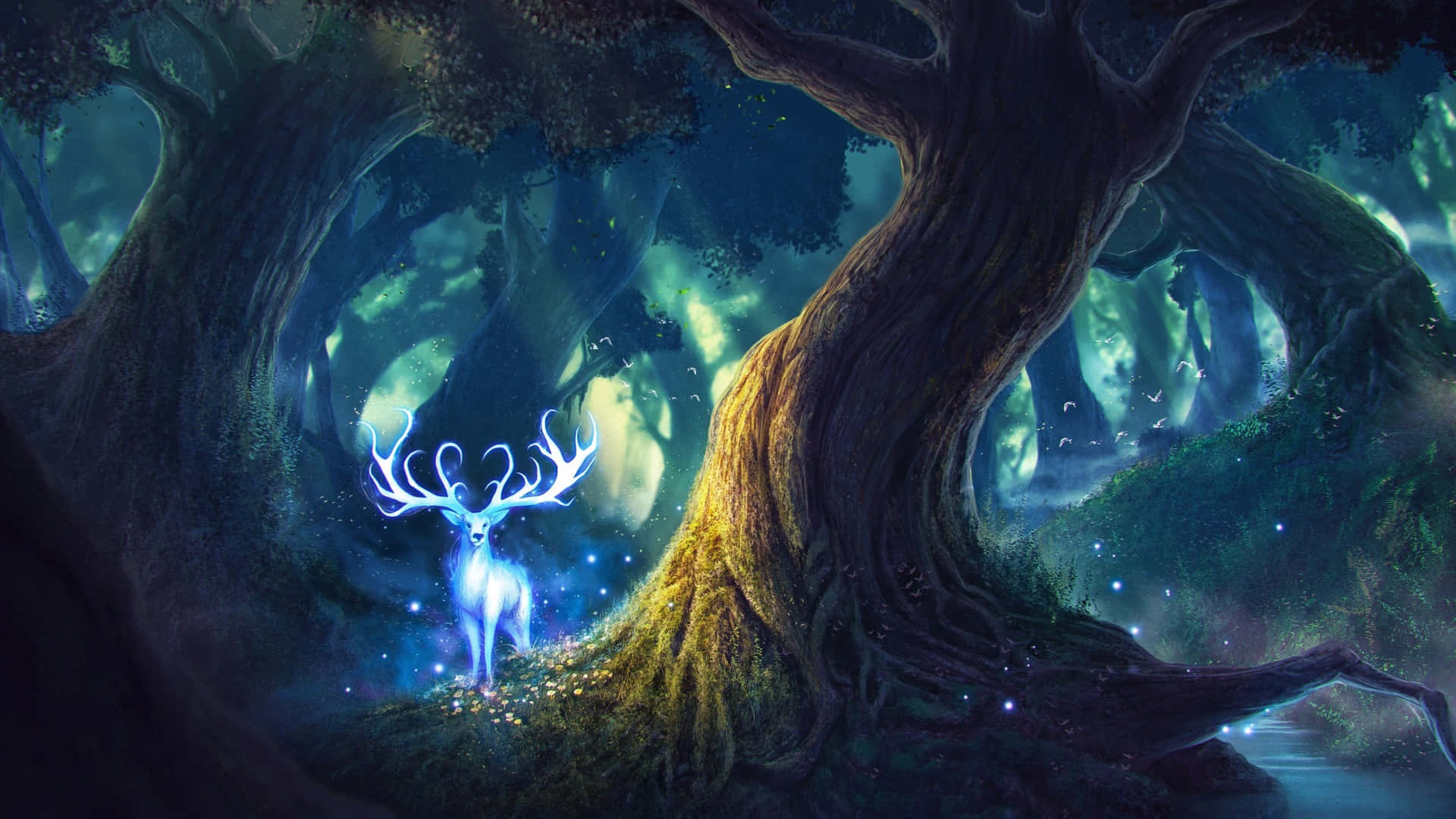 mystical forest, glowing blue deer, electric antlers, Full HD Desktop Wallpaper