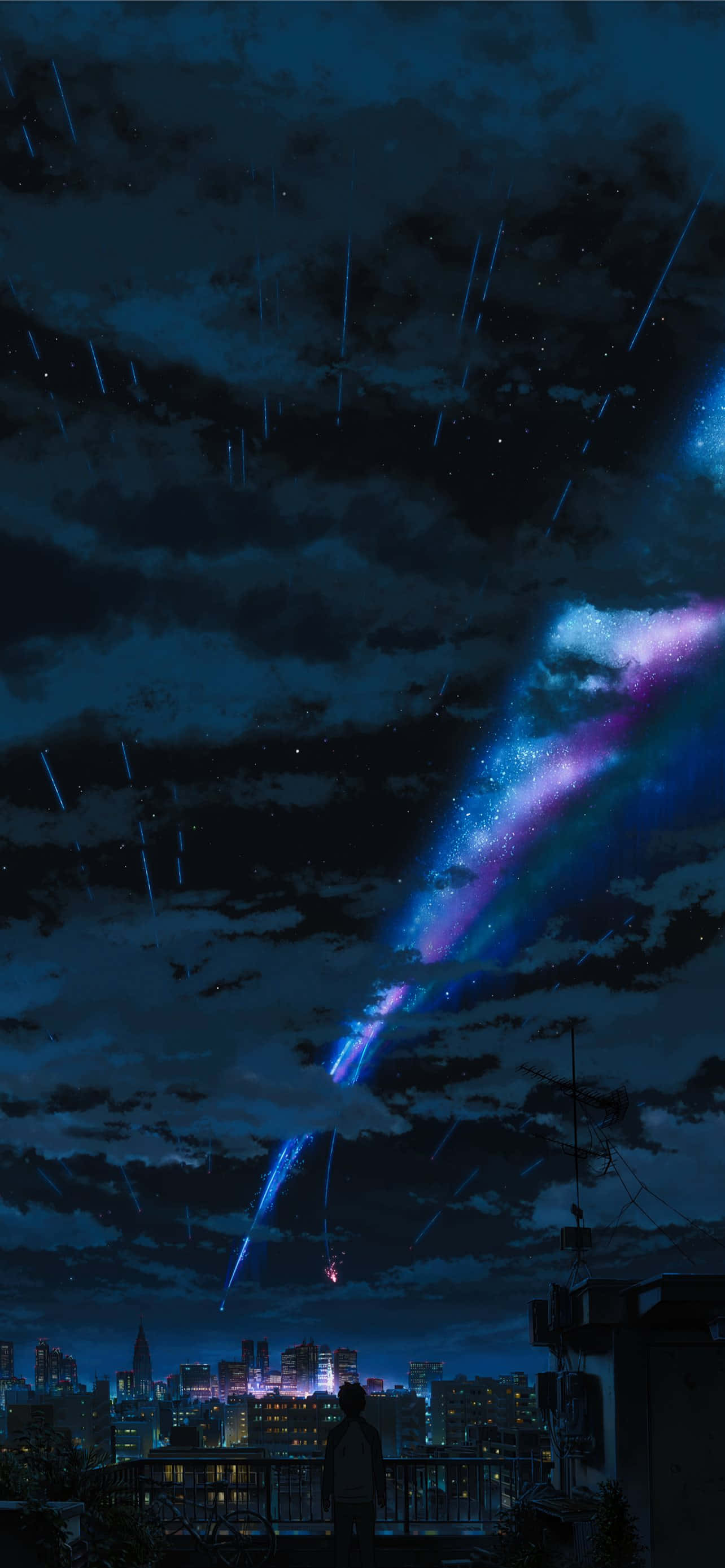 Anime Night, rooftop, vibrant purple and blue meteor shower, 2K Phone Wallpaper