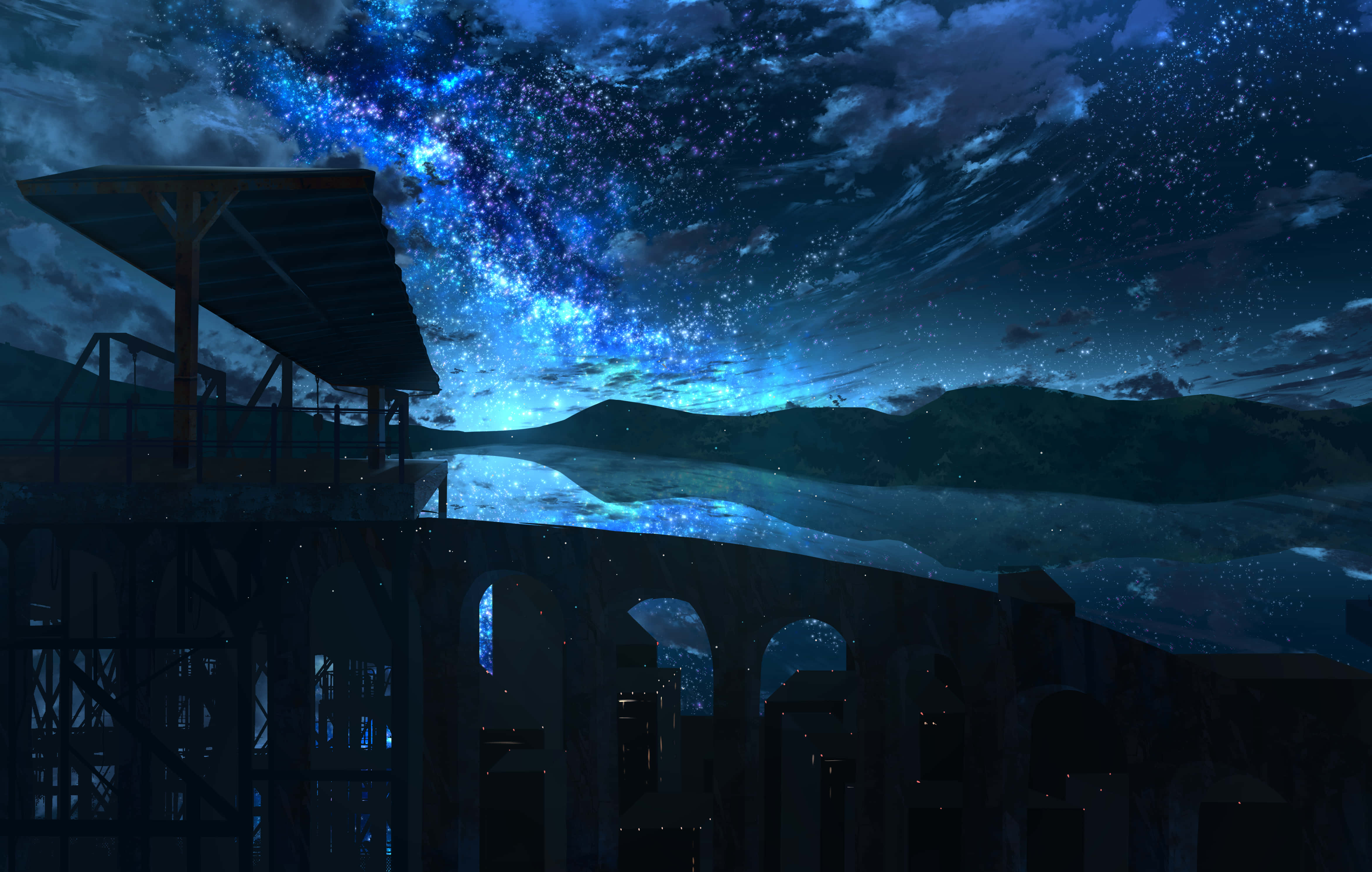 Anime Night, starry night sky, vibrant blue galaxy, 4K Desktop Wallpaper
