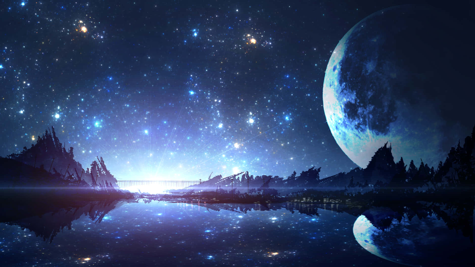 Anime Night, moonlight, starry sky, Full HD Desktop Wallpaper