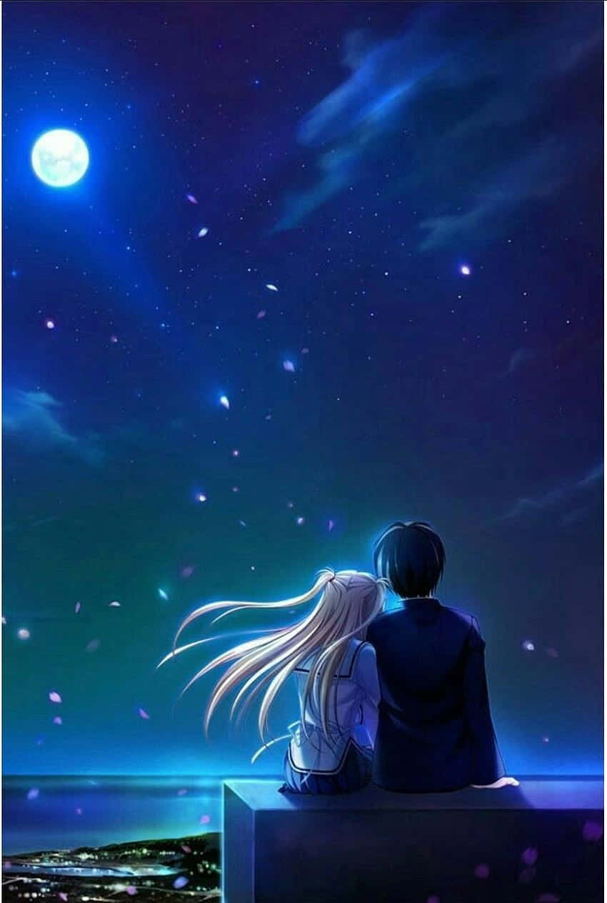 blue moon, starry night sky, falling petals, SD Phone Wallpaper