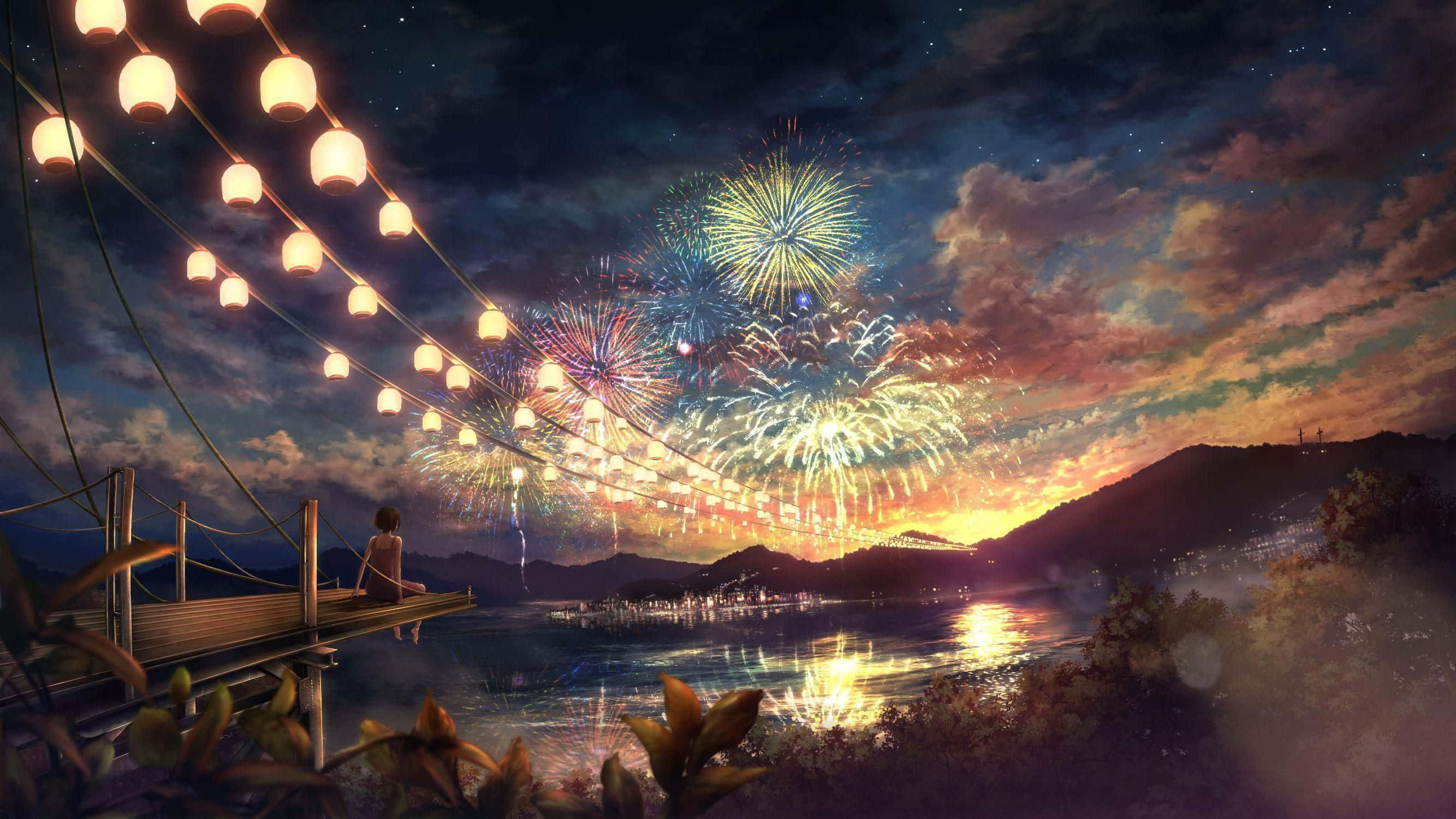 wooden pier, glowing lanterns, vibrant fireworks, 2K Desktop Wallpaper