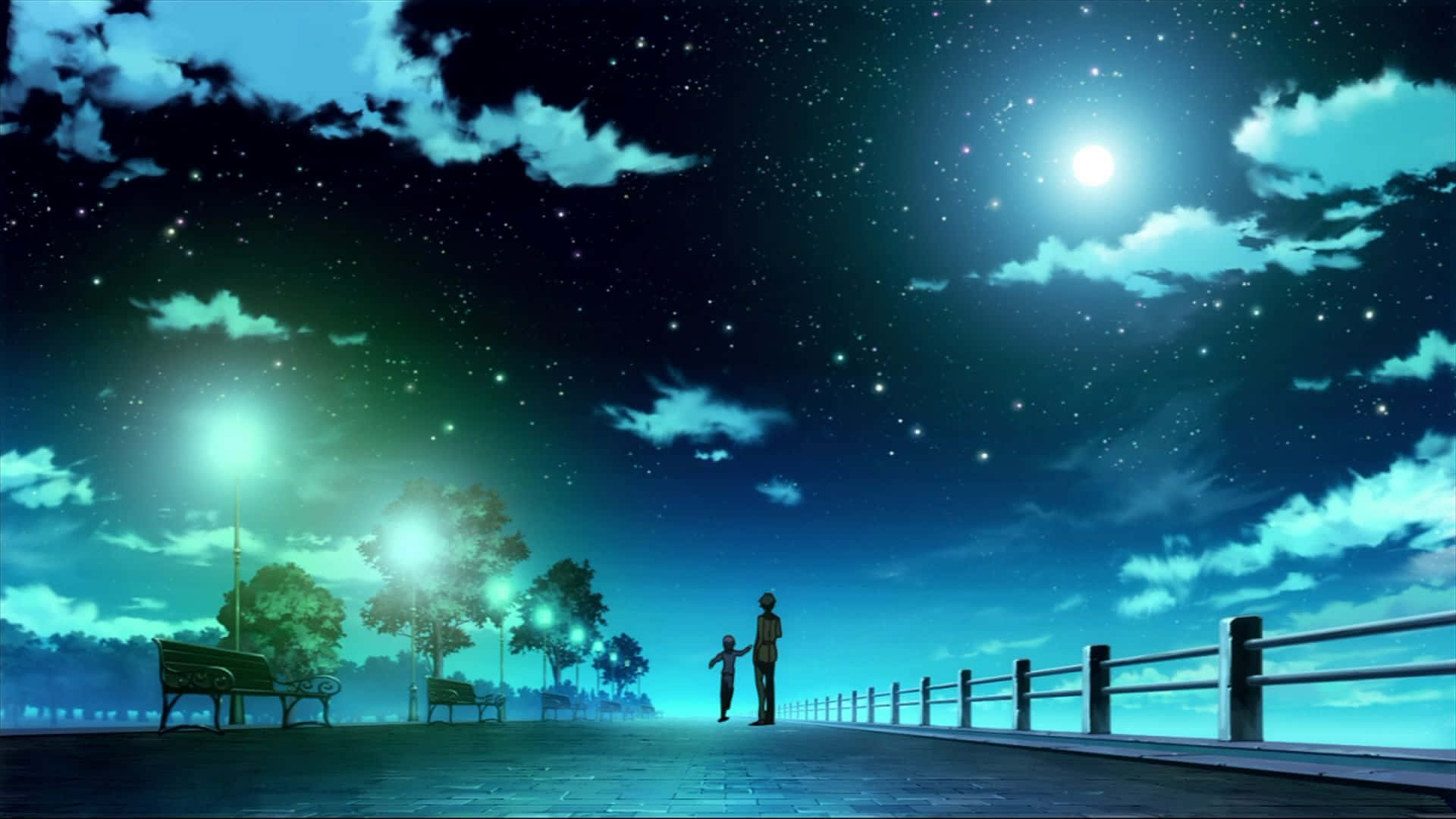 Anime Night, moonlit pier, starry teal sky, Full HD Desktop Wallpaper