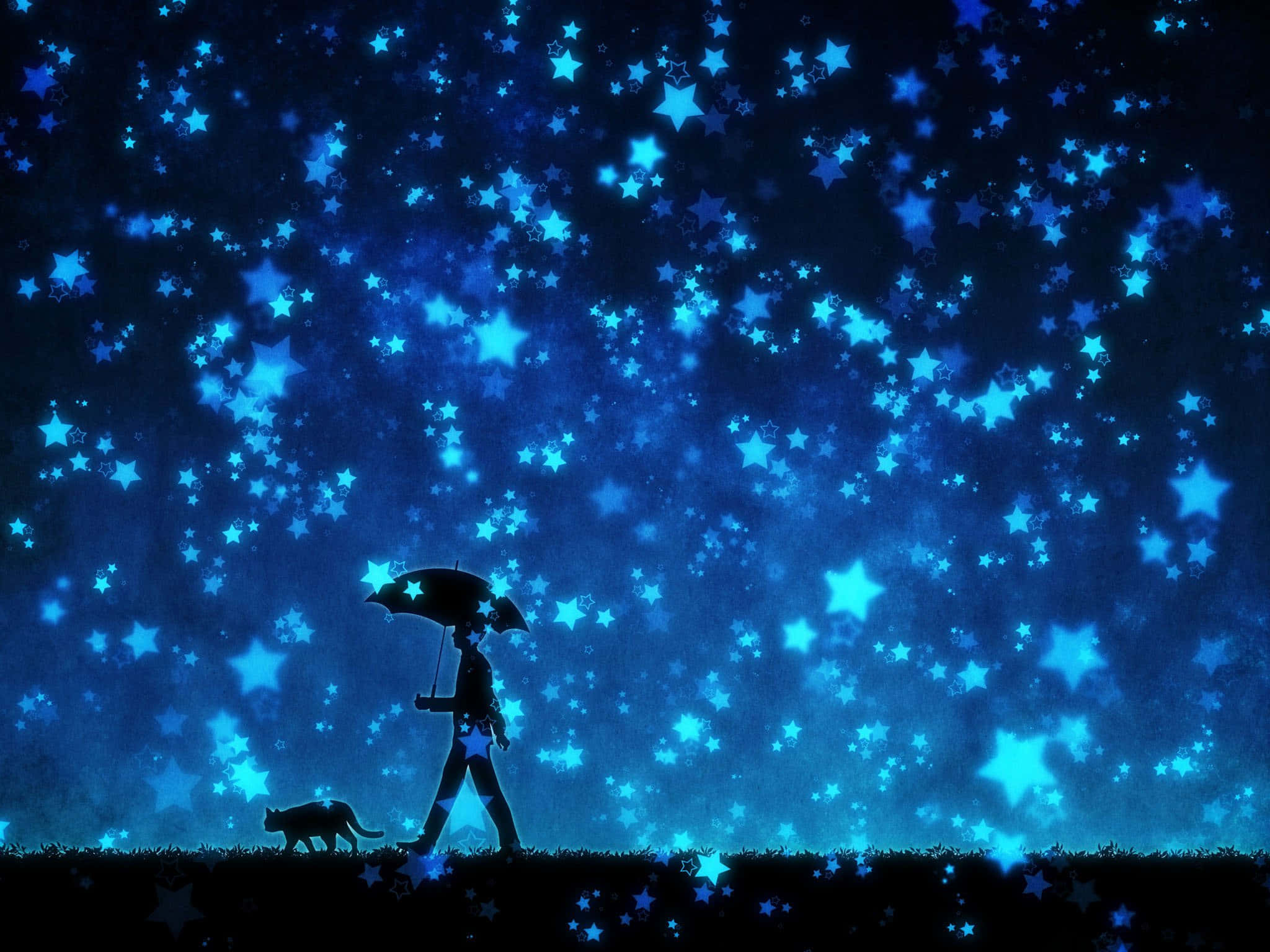 Anime Night, cat, starry blue sky, Full HD Desktop Wallpaper