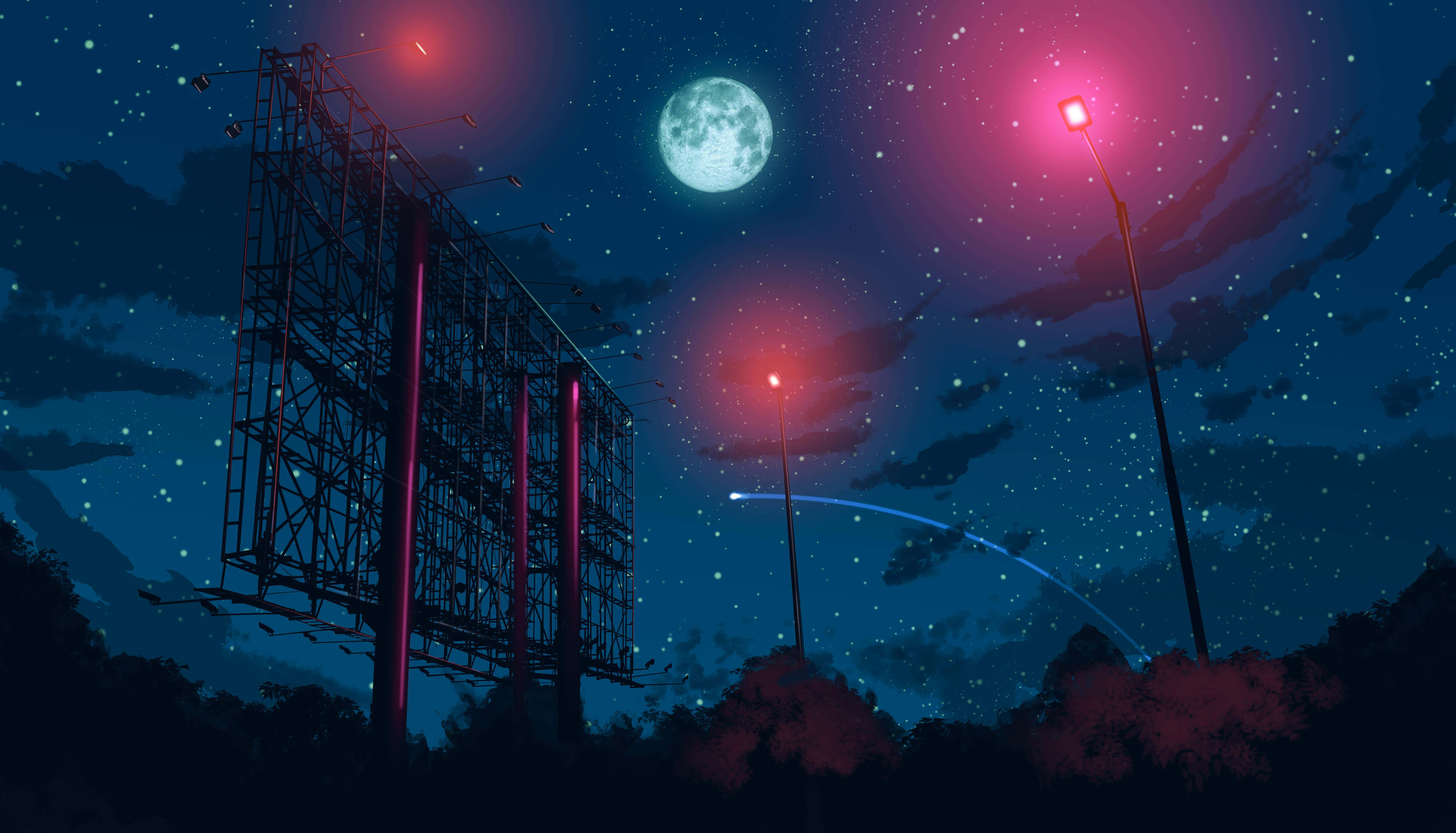 Anime Night, neon-lit billboard, streetlights, 5K Desktop Wallpaper