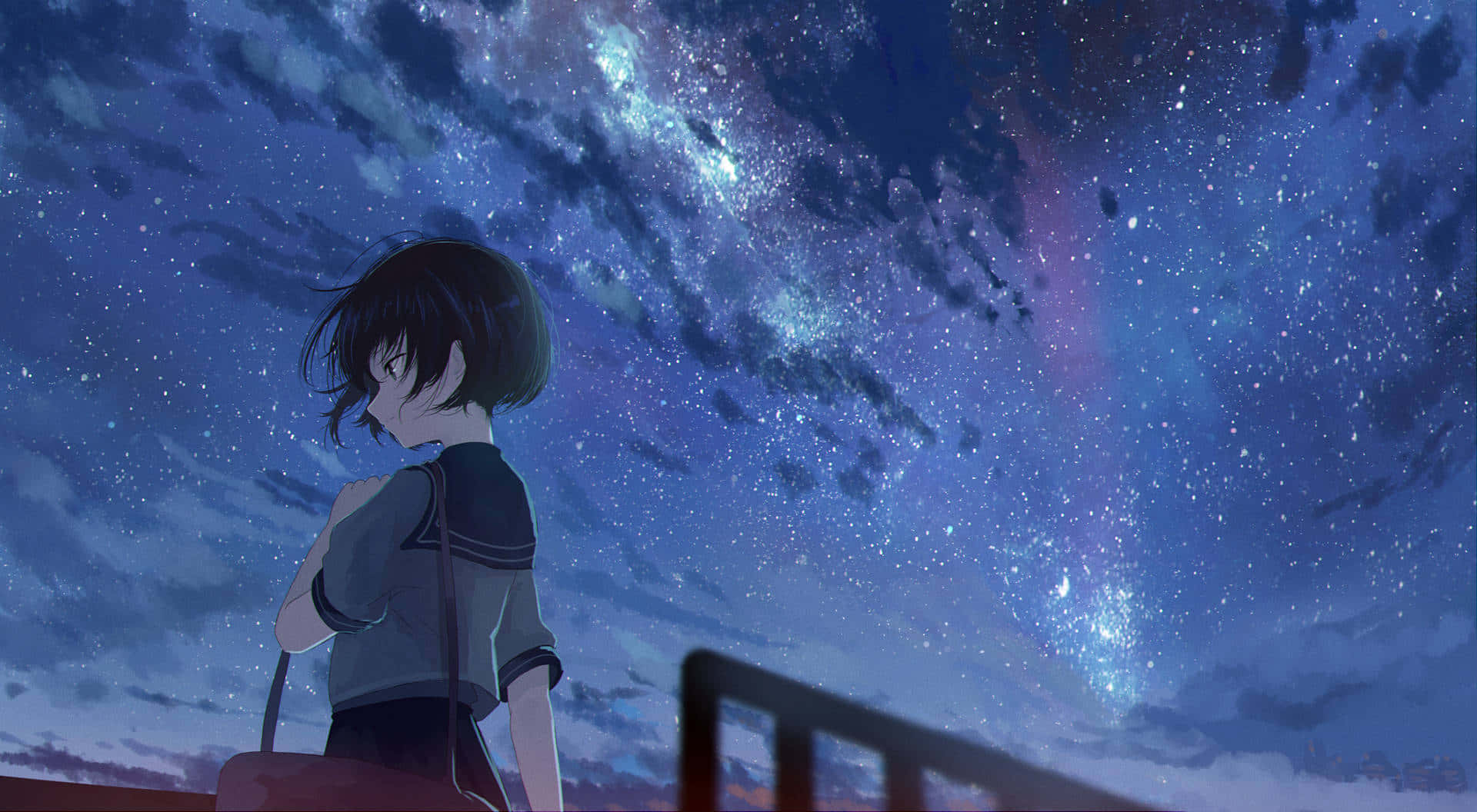 Anime Night, short black hair, starry night sky, Full HD Desktop Wallpaper