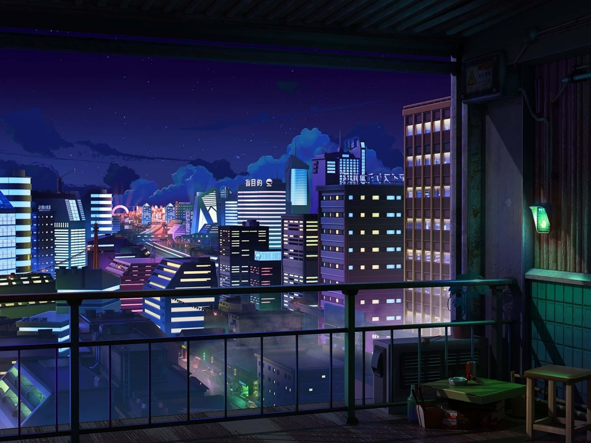 Anime Night, neon-drenched cityscape, night, Full HD Desktop Wallpaper