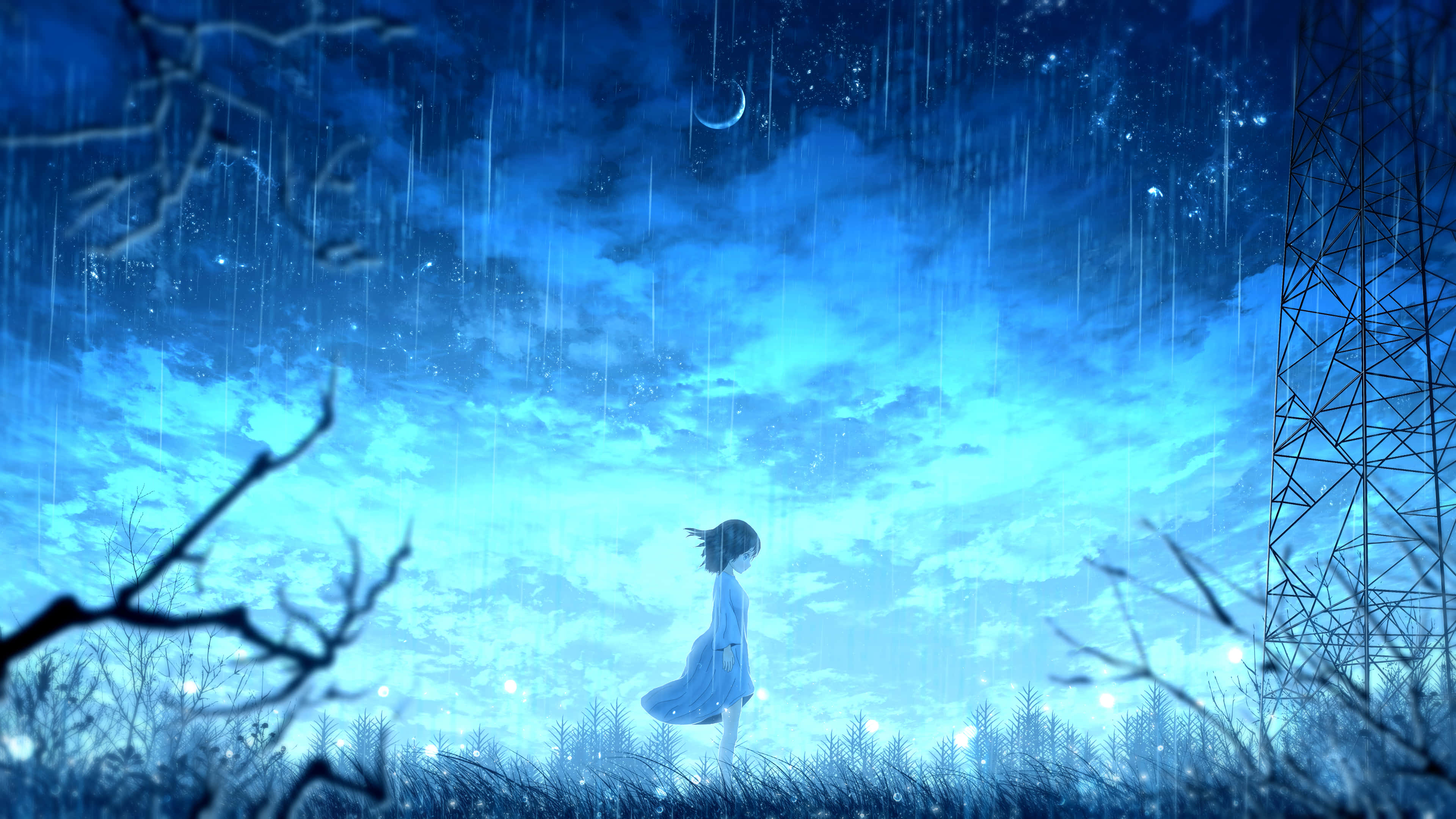 Anime Night, white dress, starry blue sky, 4K Desktop Wallpaper
