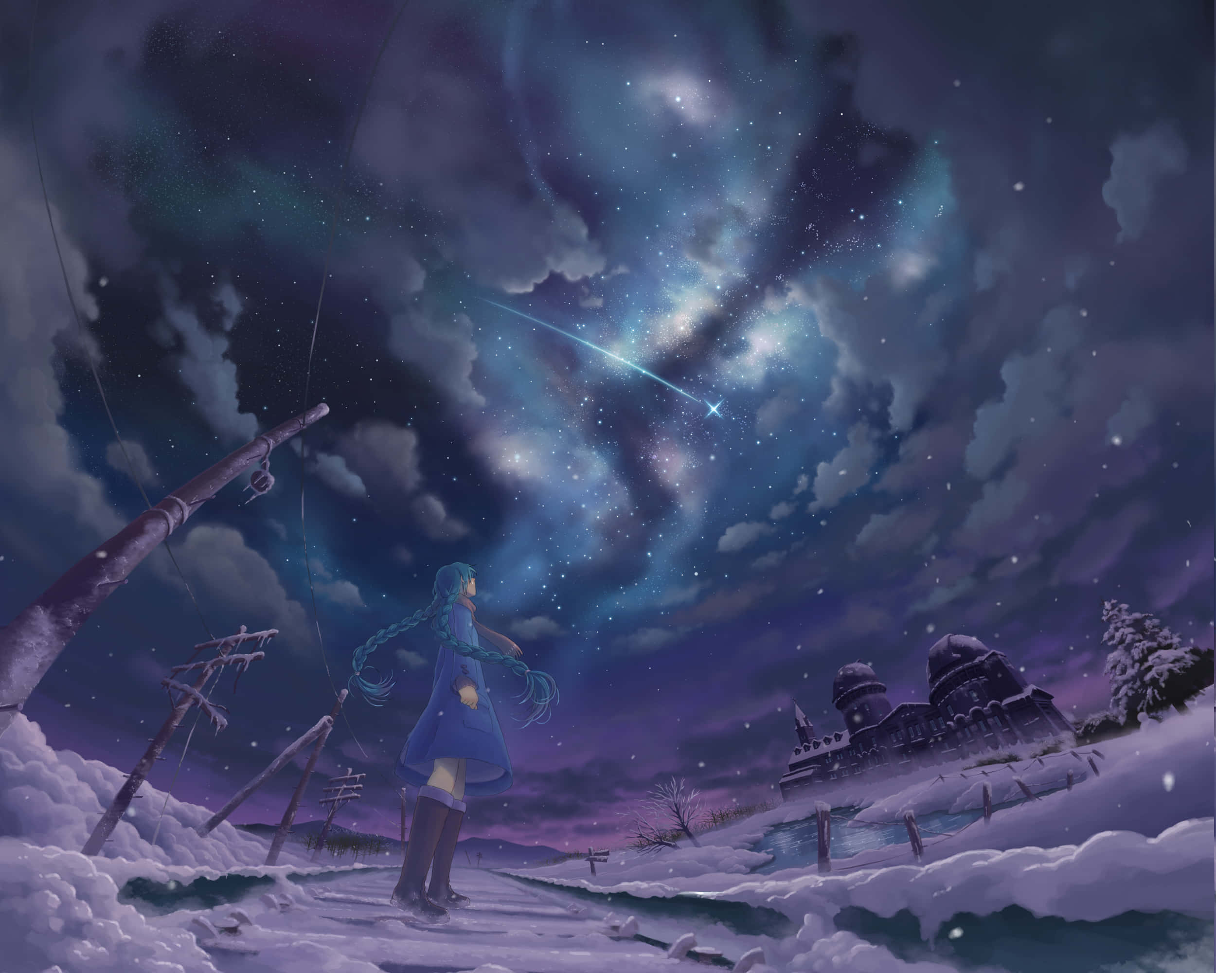 Anime Night, blue hair, snow, Full HD Desktop Wallpaper