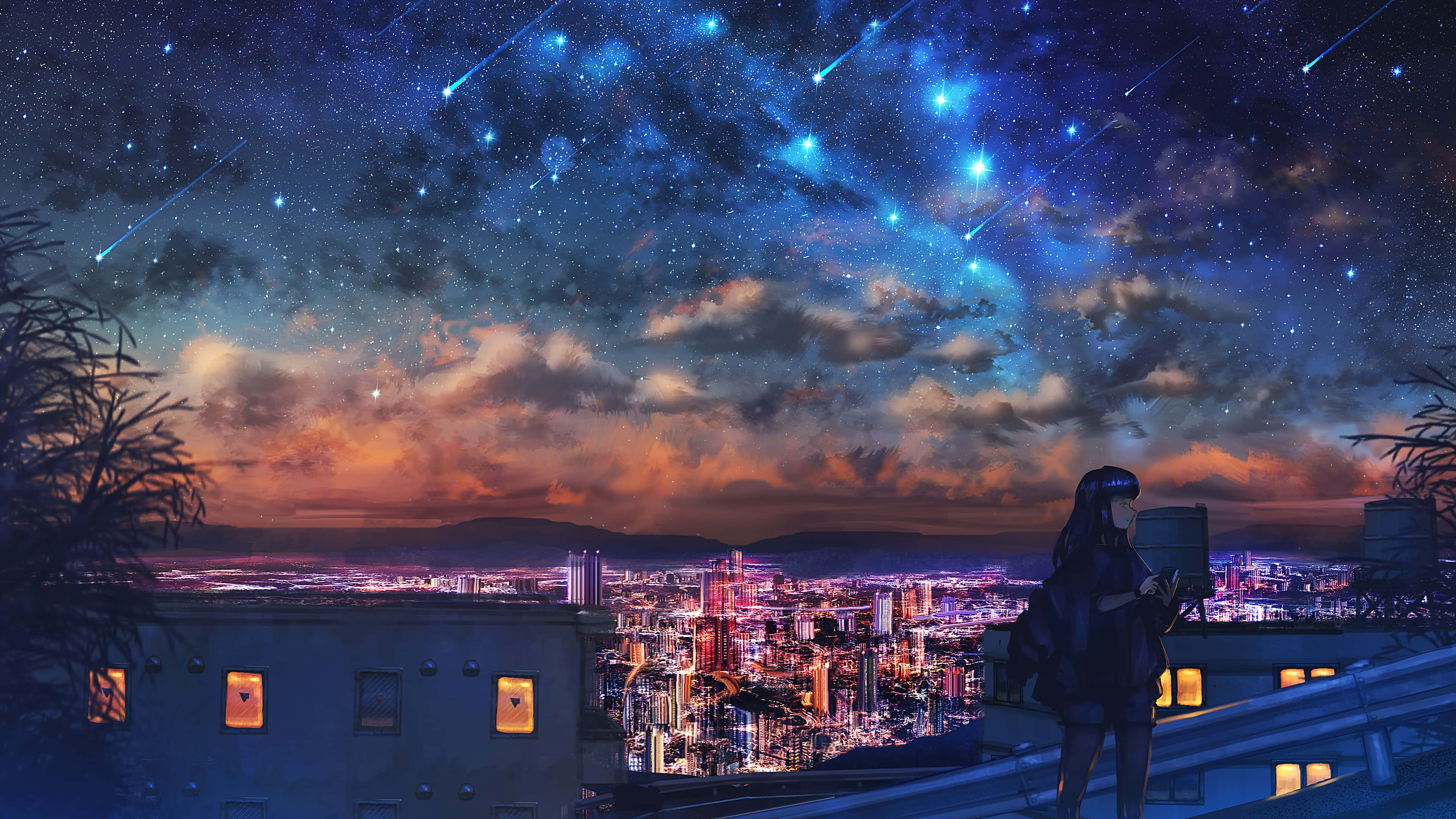 Anime Night, rooftop, glowing city, 4K Desktop Wallpaper
