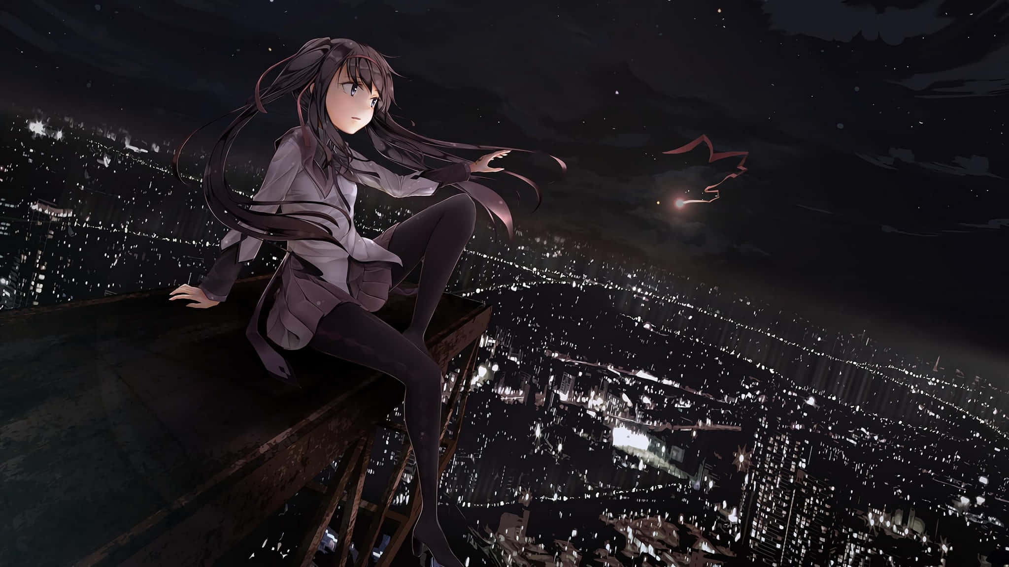Anime Night, rooftop, cityscape, Full HD Desktop Wallpaper
