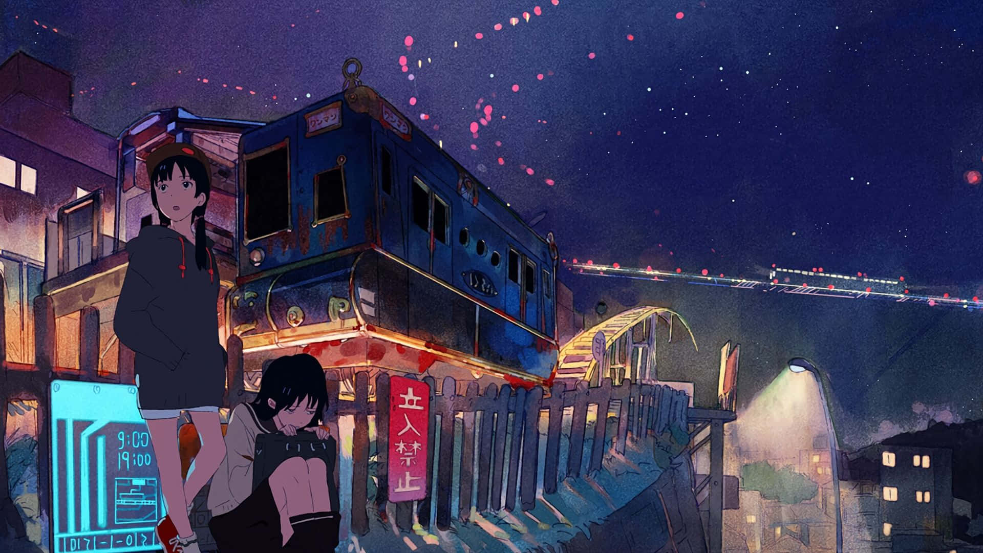 Anime Night, glowing blue train, starry sky, Full HD Desktop Wallpaper
