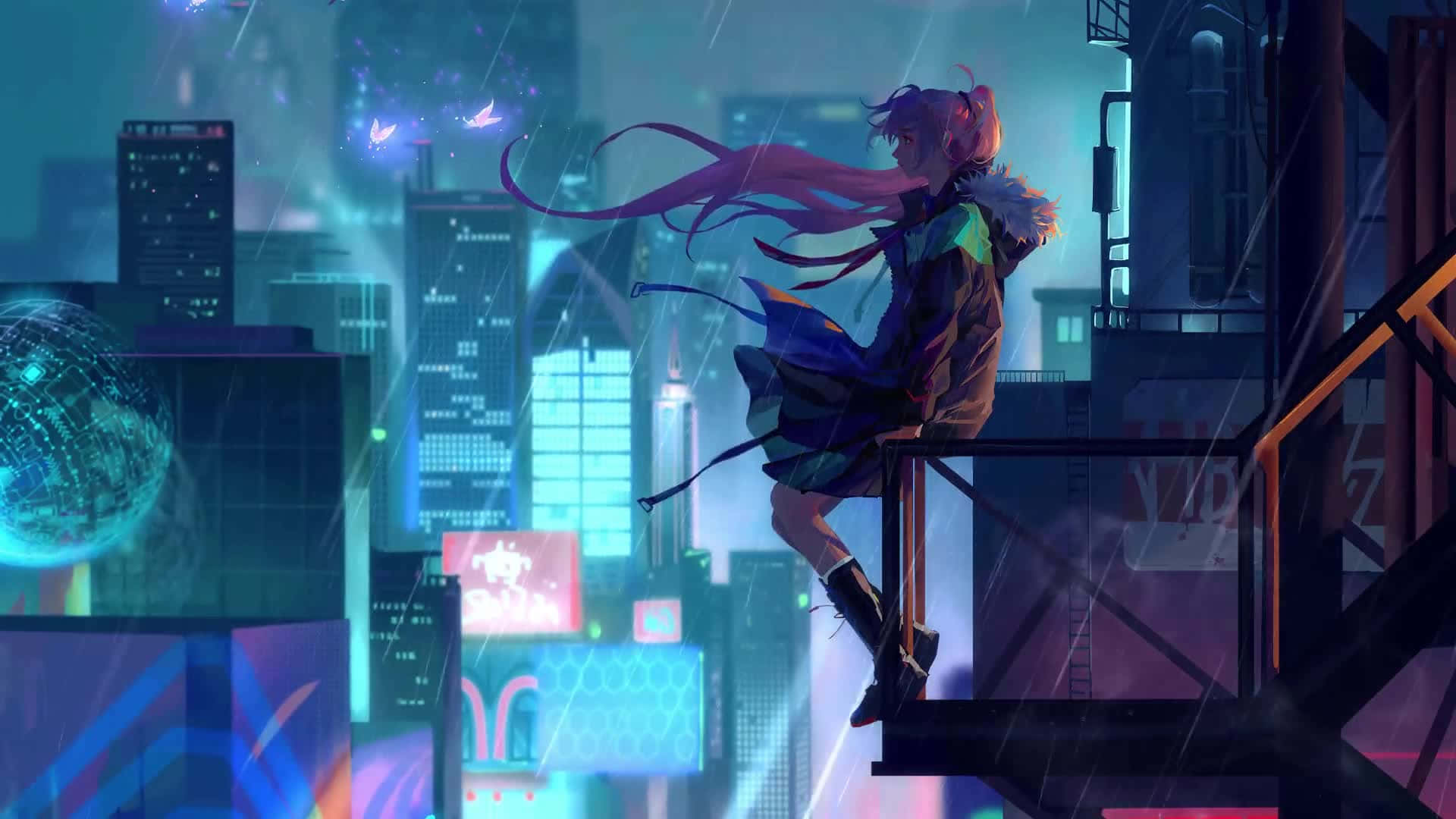 pink-haired anime girl, rooftop railing, neon-drenched rainy cyberpunk cityscape, Full HD Desktop Wallpaper