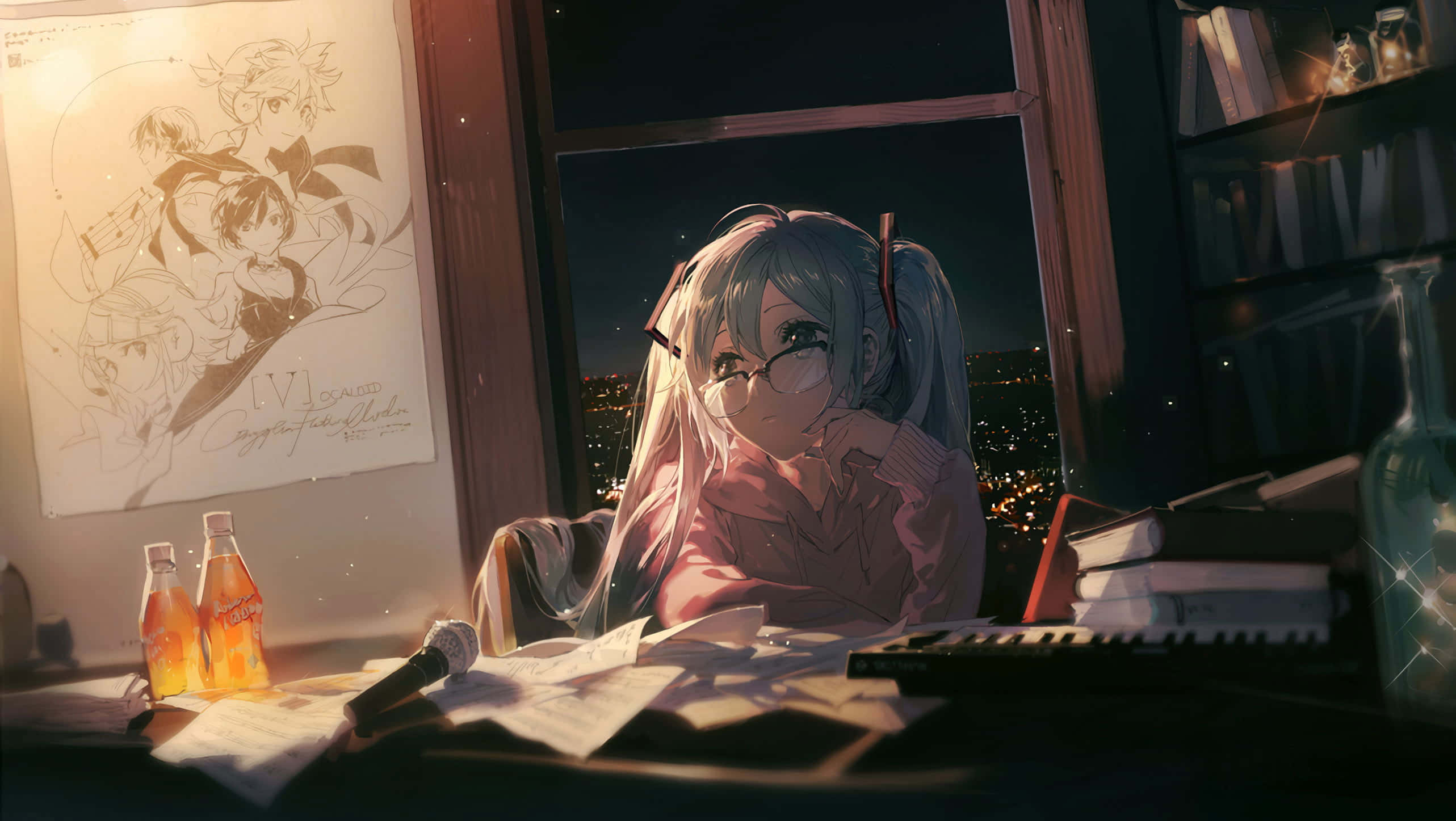 Anime Night, young anime girl, glasses, 2K Desktop Wallpaper