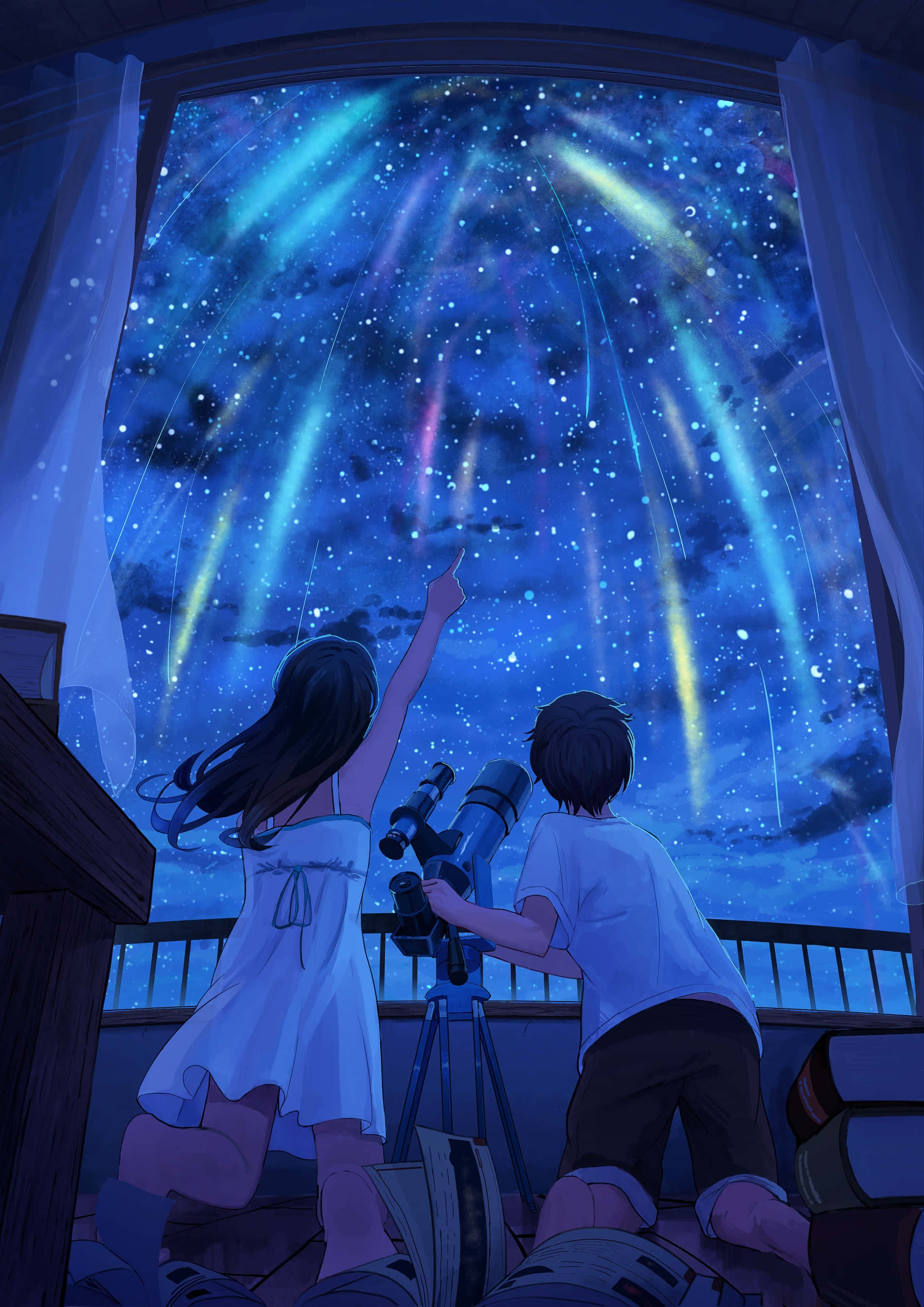 Anime Night, aurora-filled night sky, telescope, 2K Phone Wallpaper