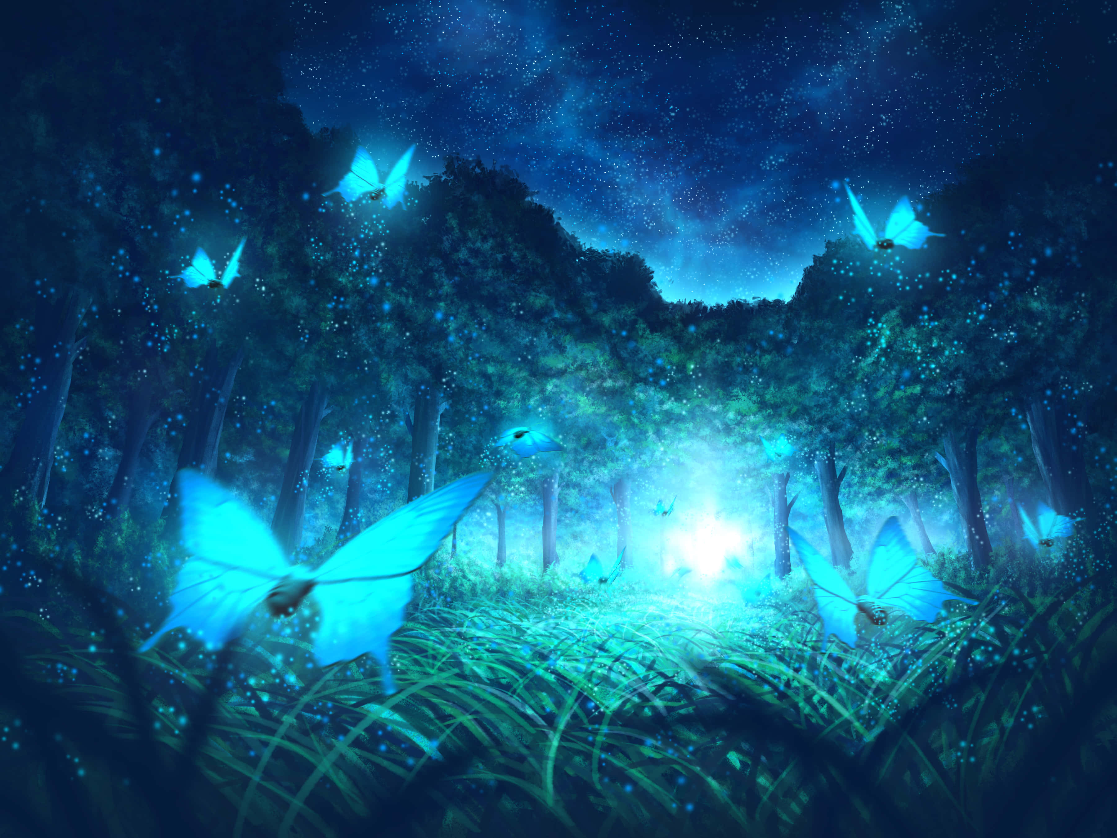 Anime Night, glowing blue butterflies, mystical forest, 2K Desktop Wallpaper