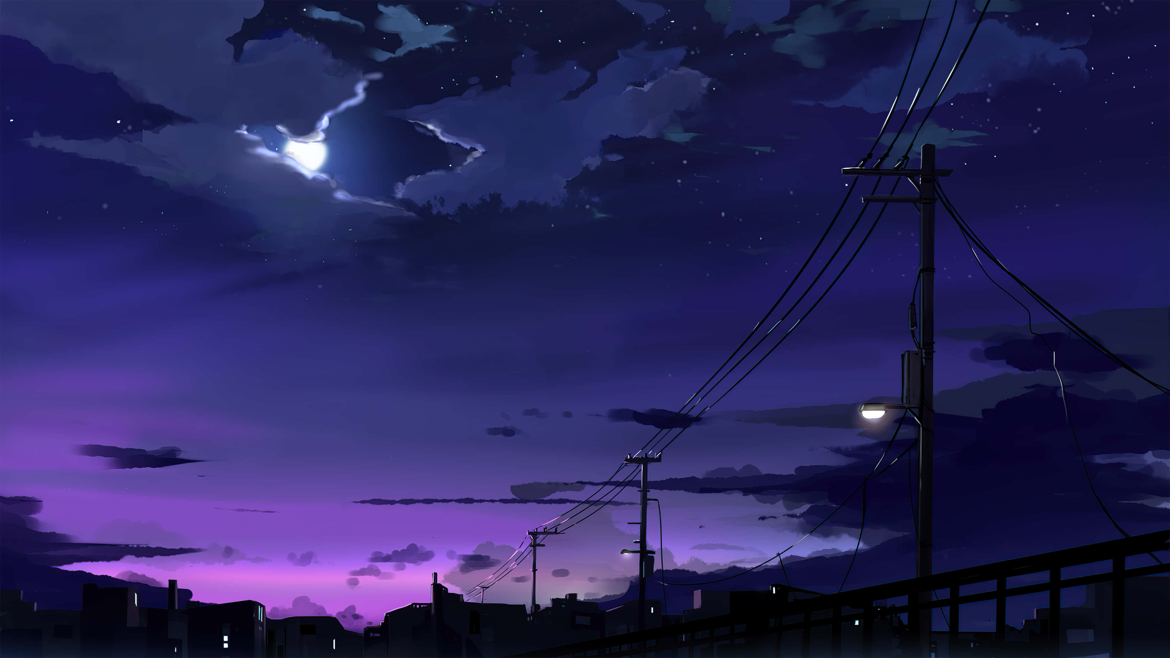 Anime Night, purple skies, stars, 4K Desktop Wallpaper
