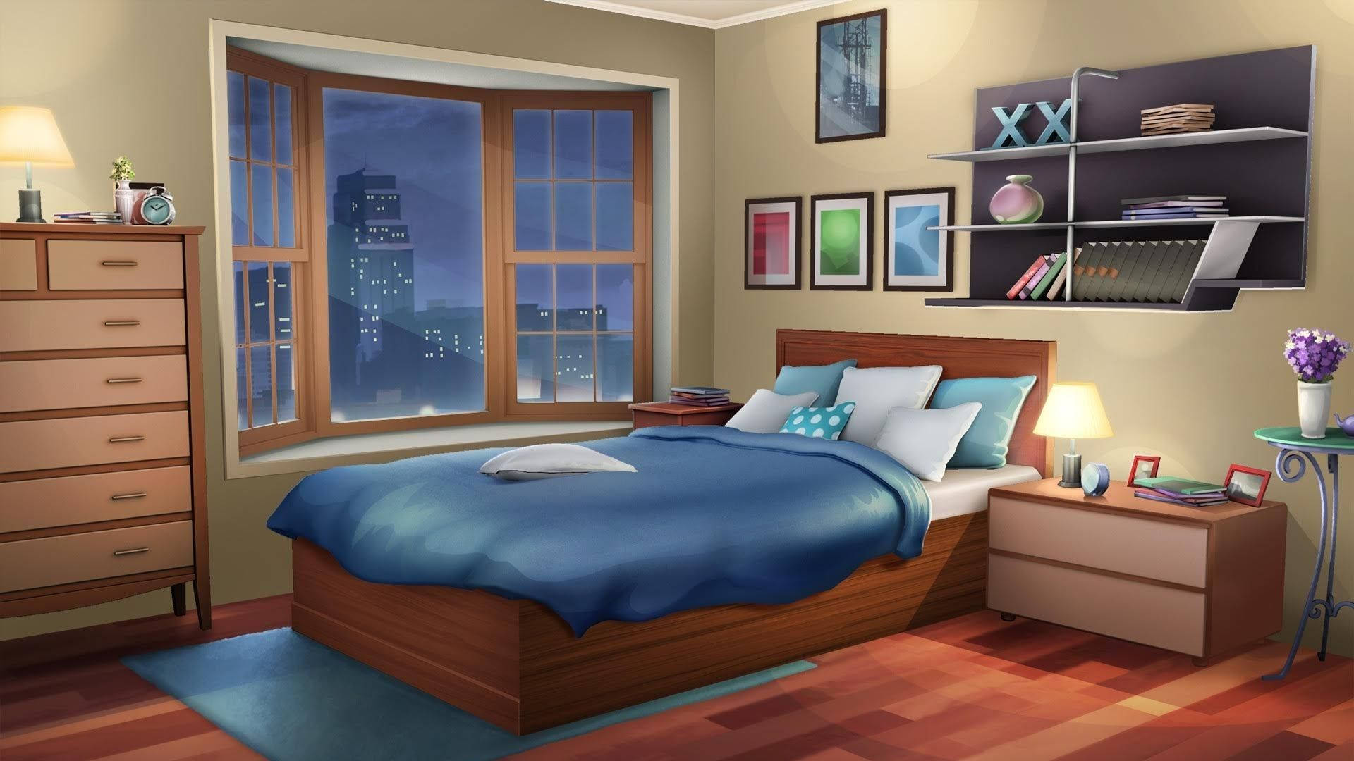 Anime Room At Night, wooden furniture, blue bedding, Full HD Desktop Wallpaper