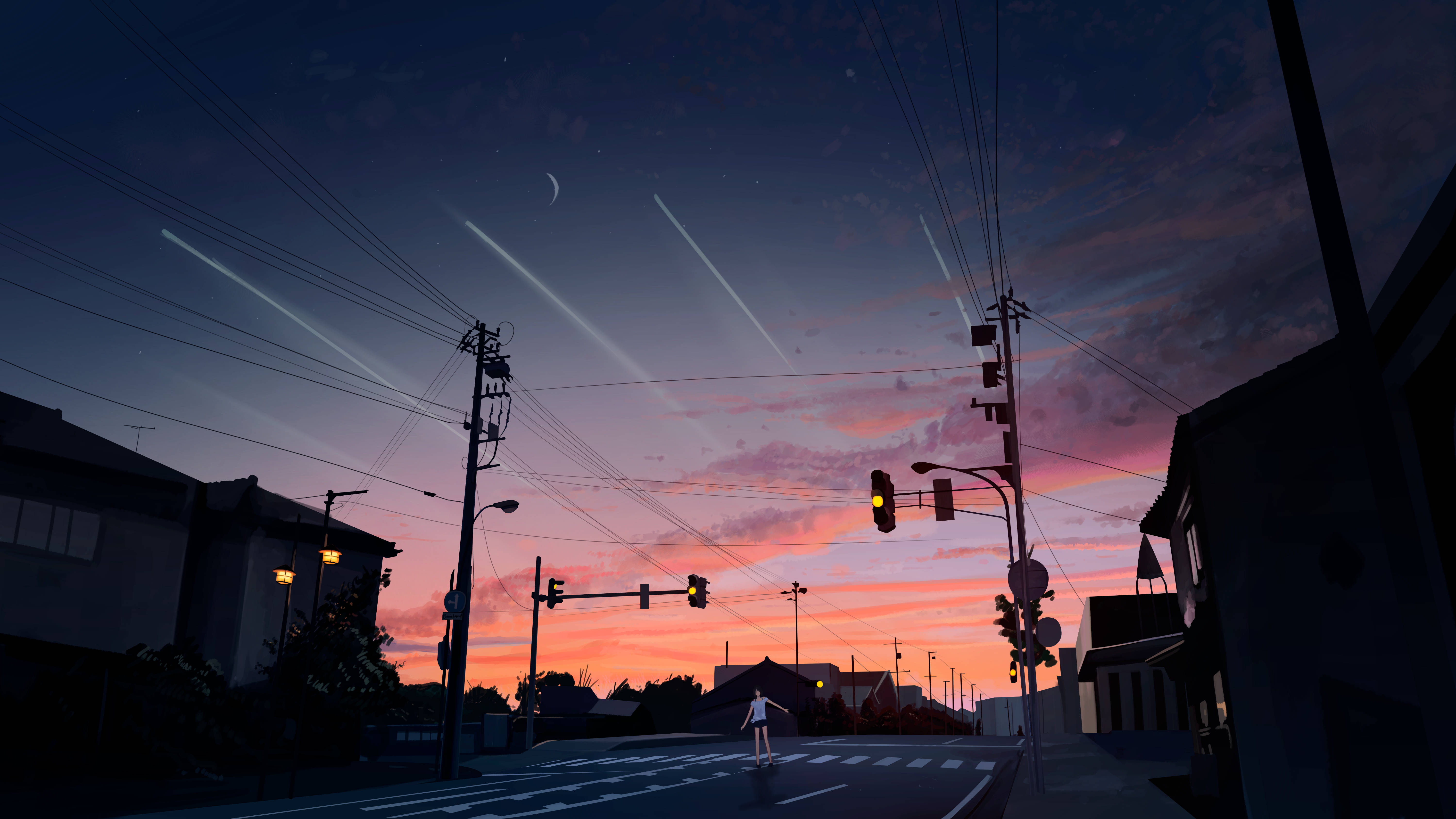 Night Street Anime 4K, dusk, vibrant pink and purple sky, 5K Desktop Wallpaper
