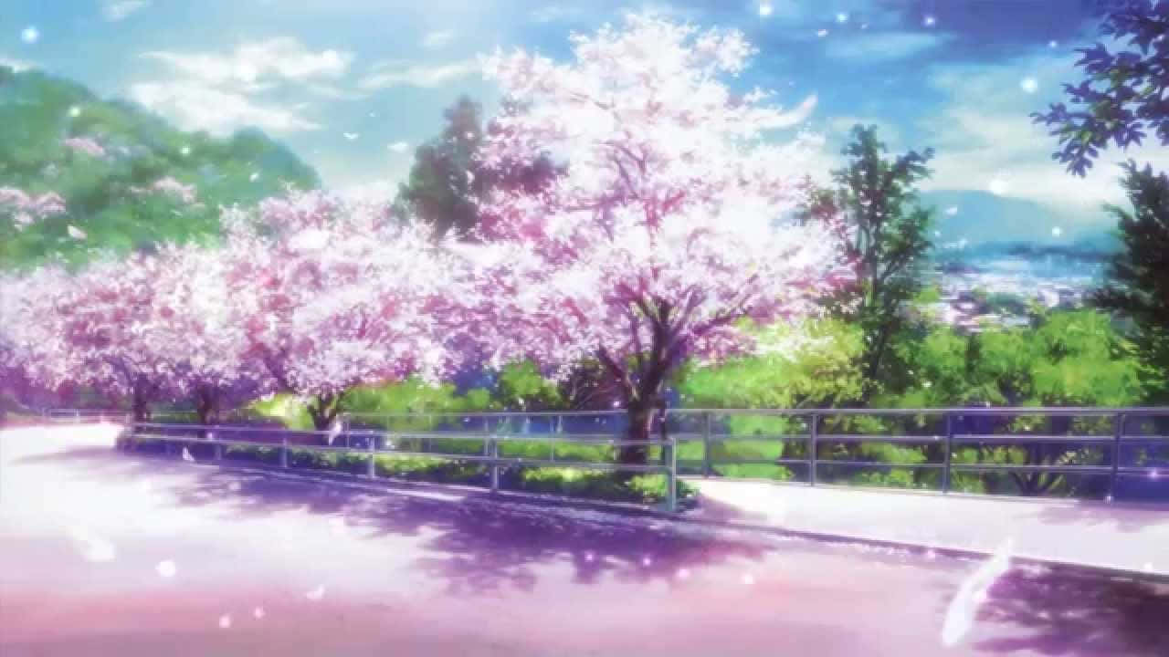 Anime Park Scenery, pink cherry blossoms, winding road, HD Desktop Wallpaper