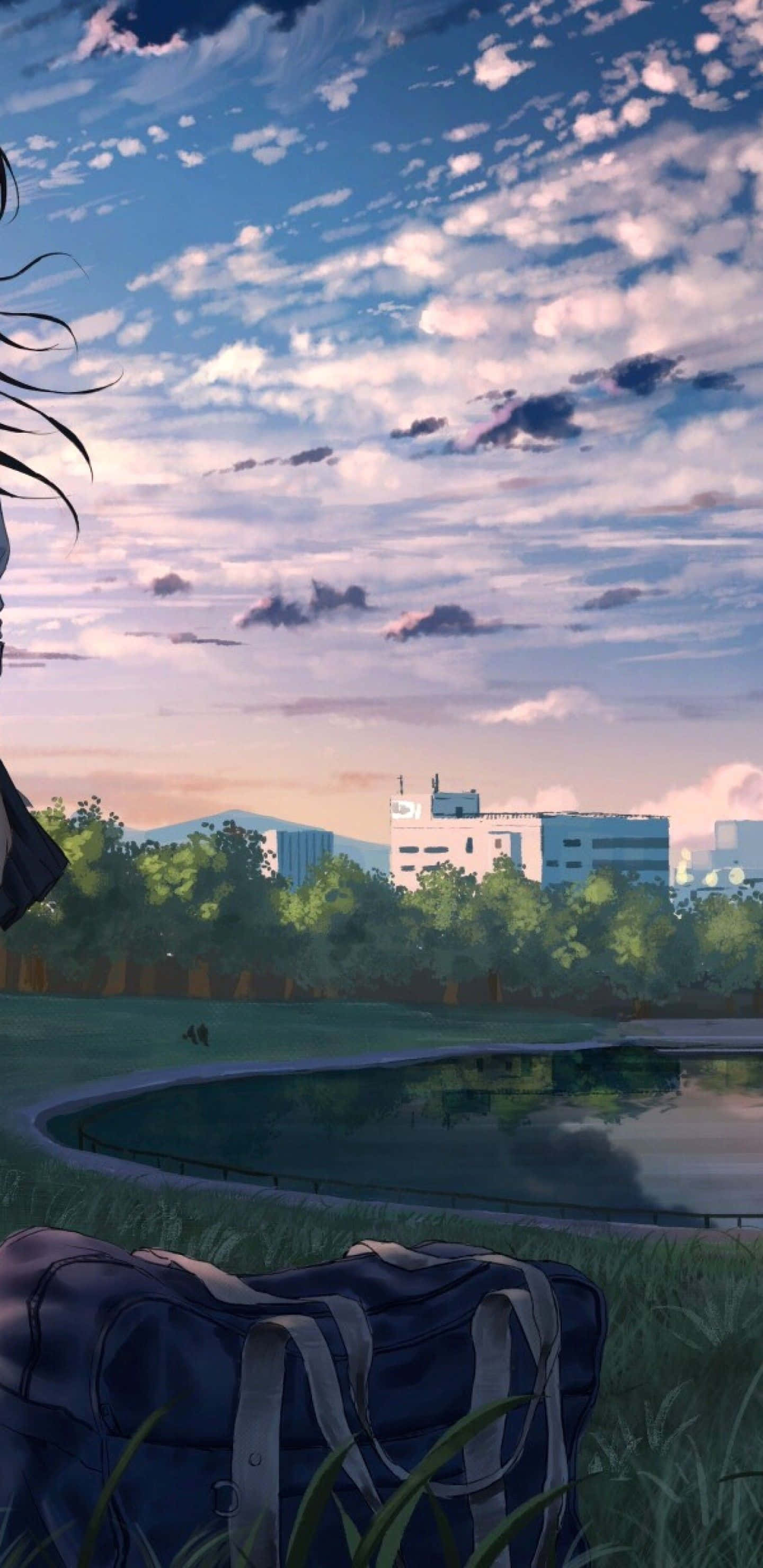 anime park scenery, blue duffel bag, grass, 2K Phone Wallpaper