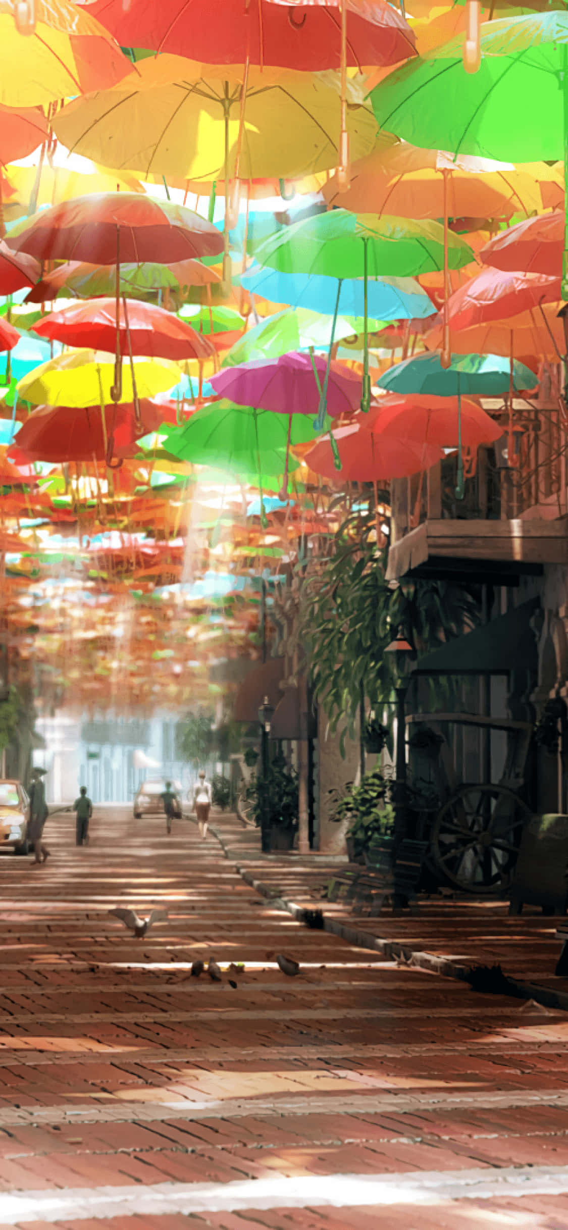 Anime Park Scenery, multicolored umbrellas, brick-paved alley, Full HD Phone Wallpaper