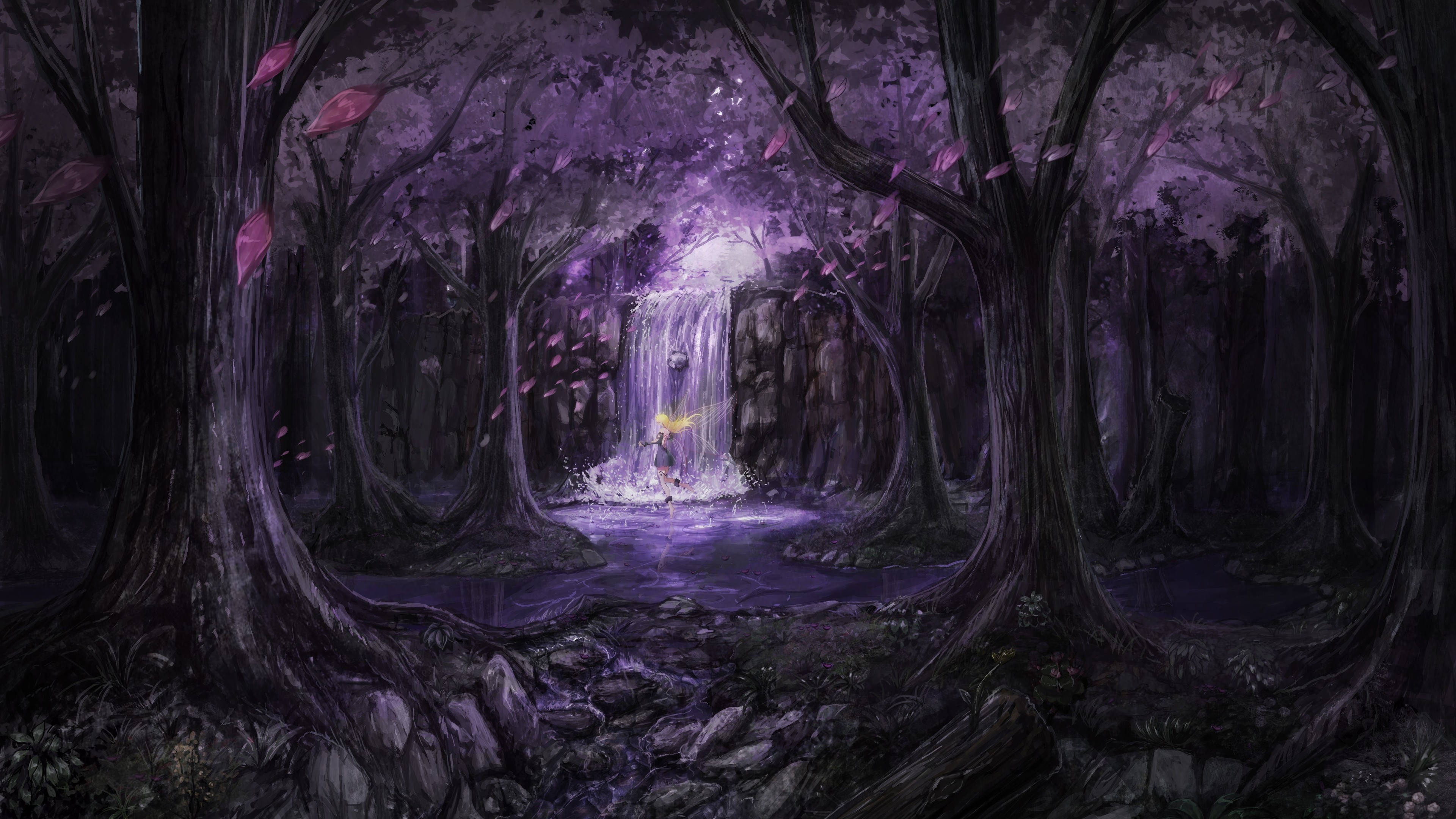 Anime Scenery 4K Waterfalls, mystical waterfall, dark purple enchanted forest, 4K Desktop Wallpaper
