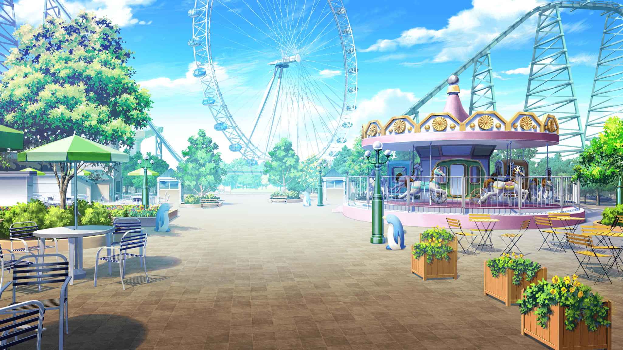 Anime Park Scenery, carousel horses, Ferris wheel, Full HD Desktop Wallpaper