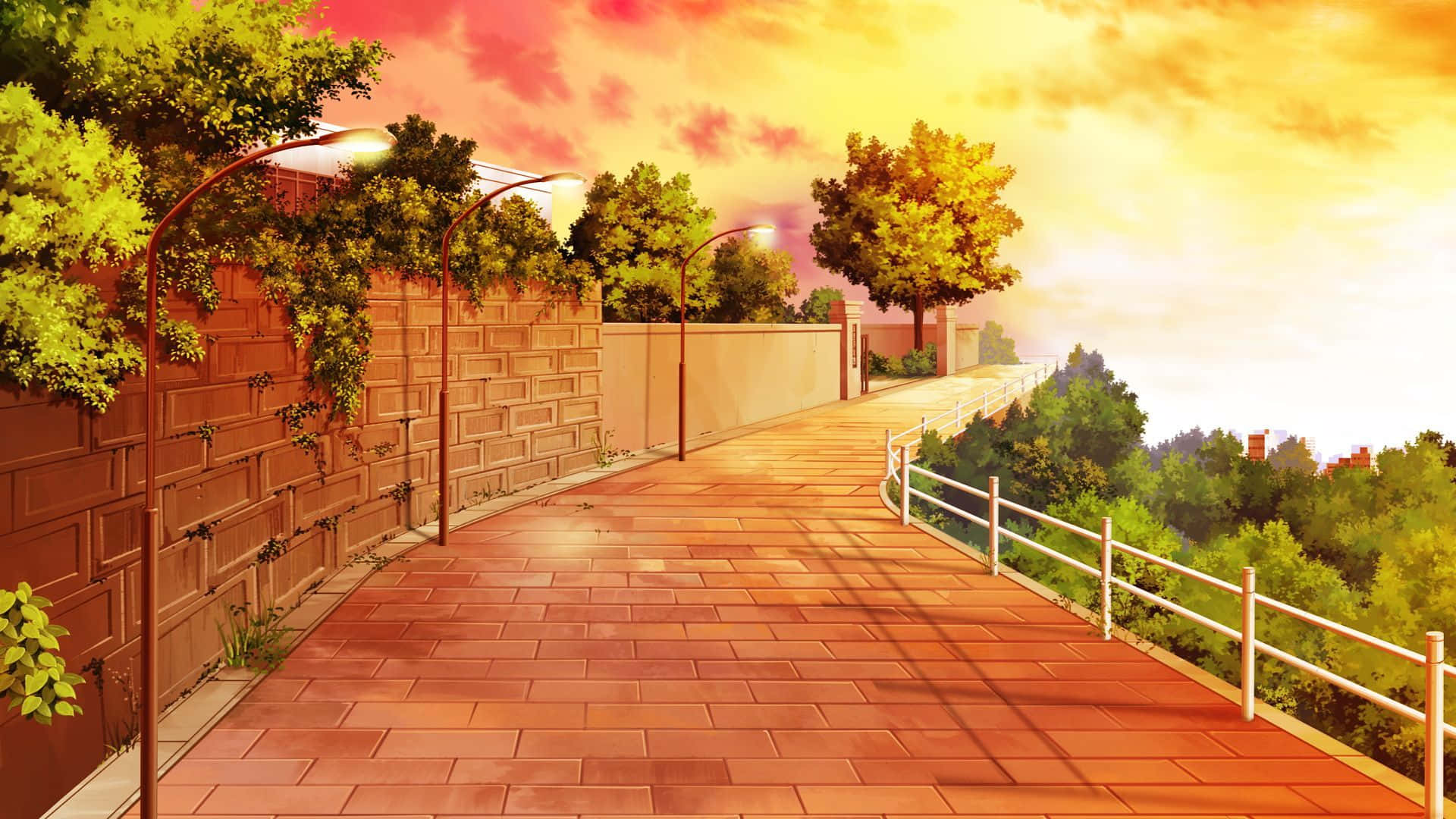 Anime Park Scenery, warm sunset, brick-paved walkway, Full HD Desktop Wallpaper