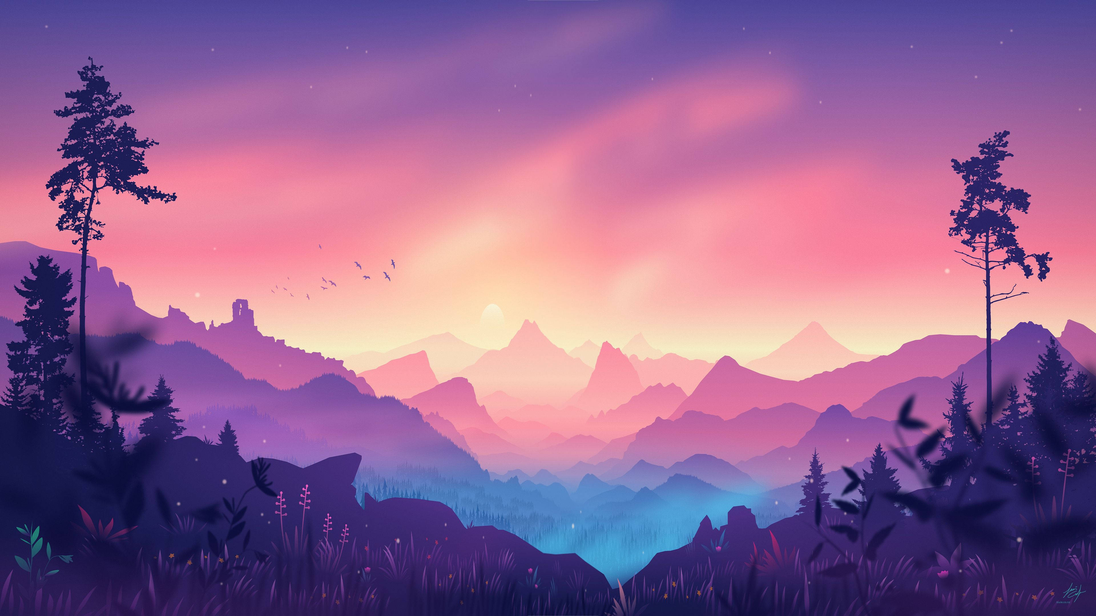 4K anime landscape, twilight, purple pink and blue hues, 4K Desktop Wallpaper