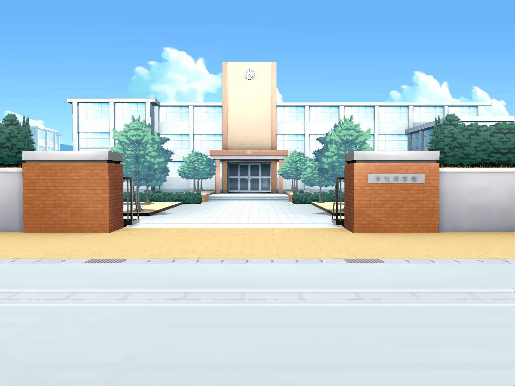 Anime School Scenery, front entrance, clock tower, SD Desktop Wallpaper